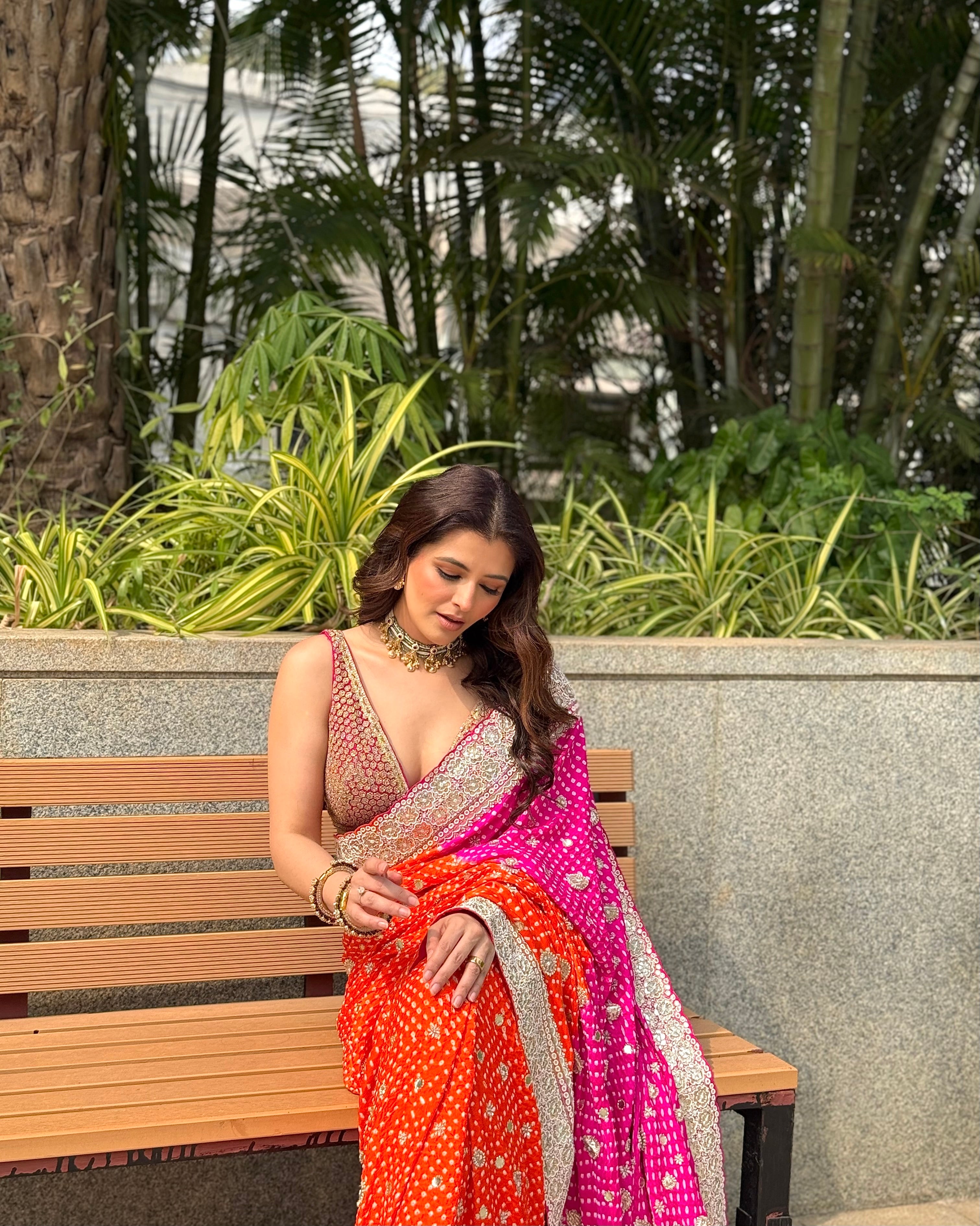 NATASHA LUTHRA In Orange pink bandhani saree