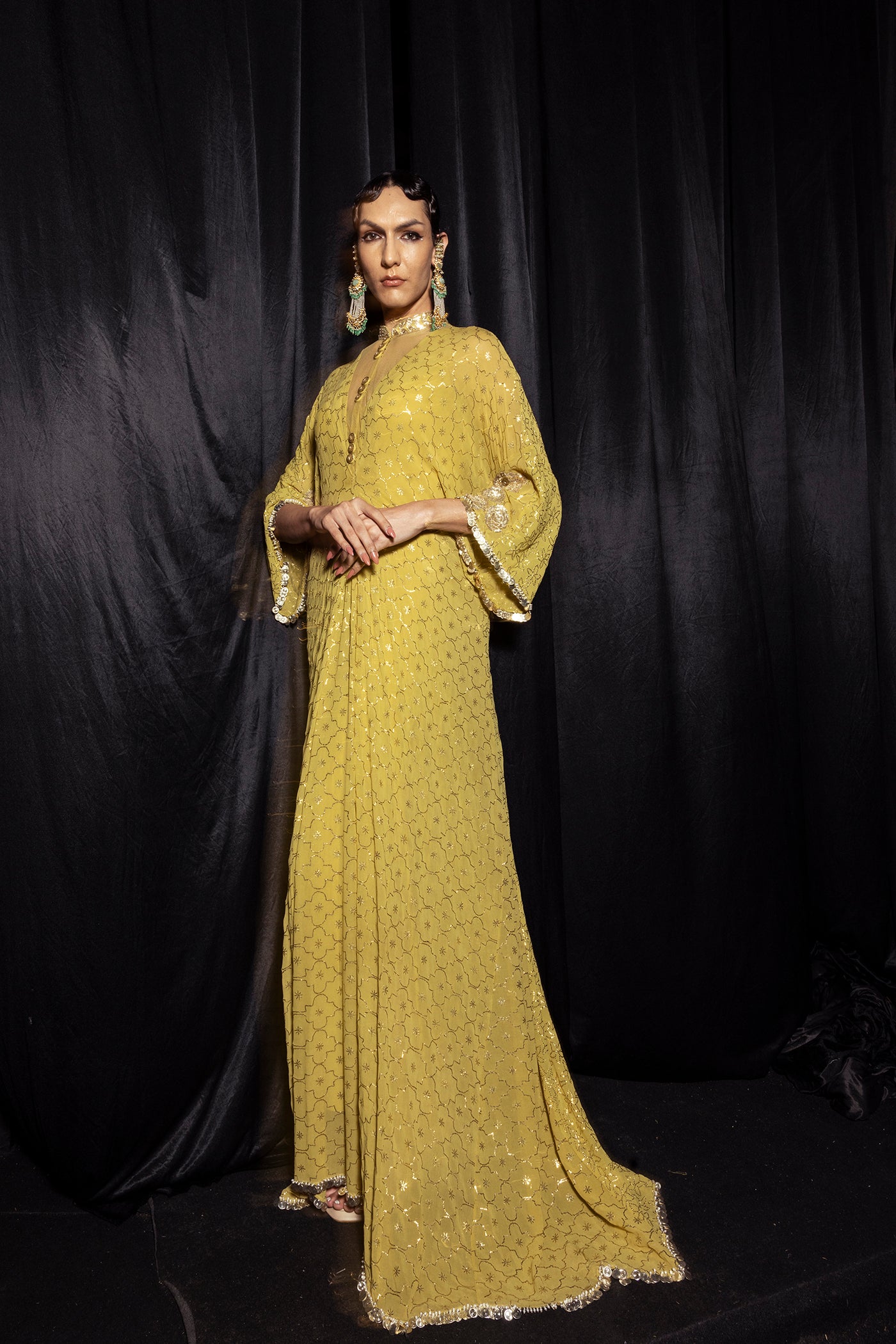 Olive green Embellished Kaftan Dress