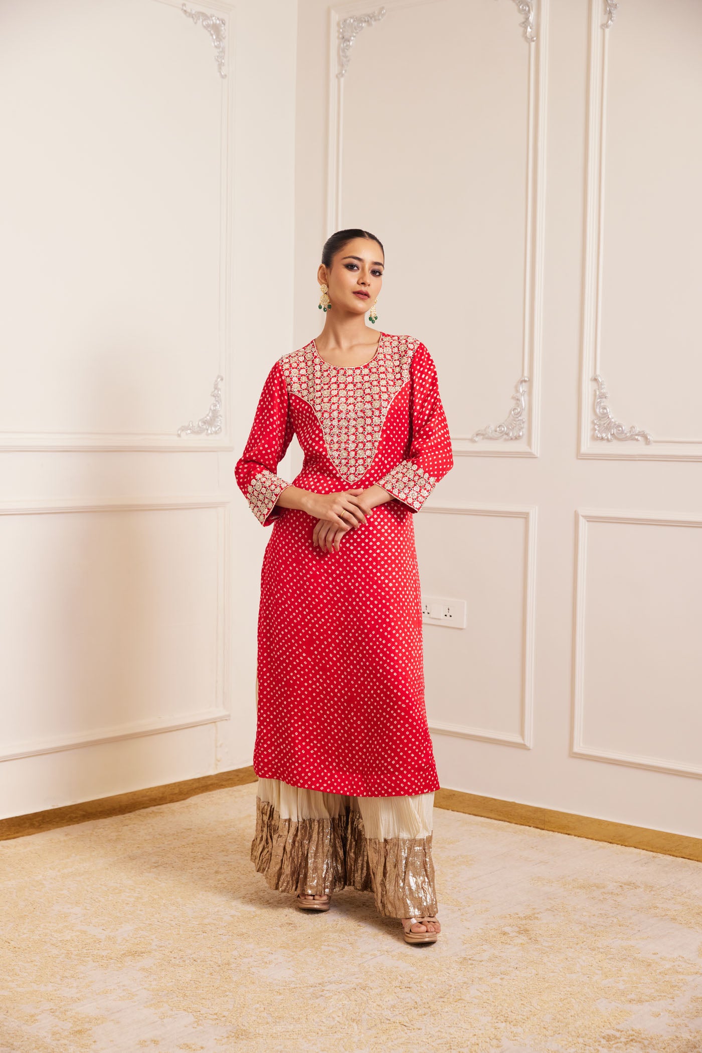 Crimson Bandhani Kurta Set With Dupatta