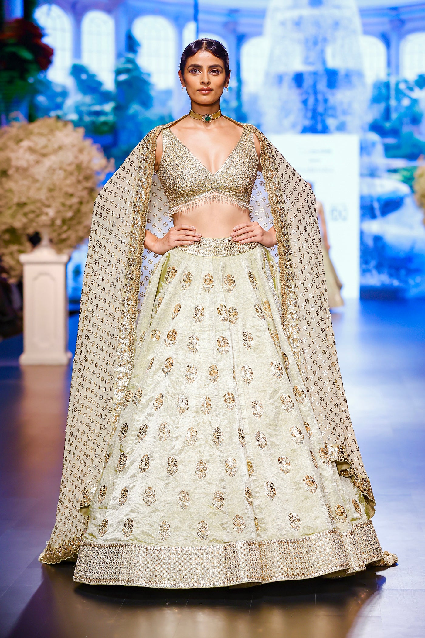 Pista green Embellished banarasi Lehenga Set