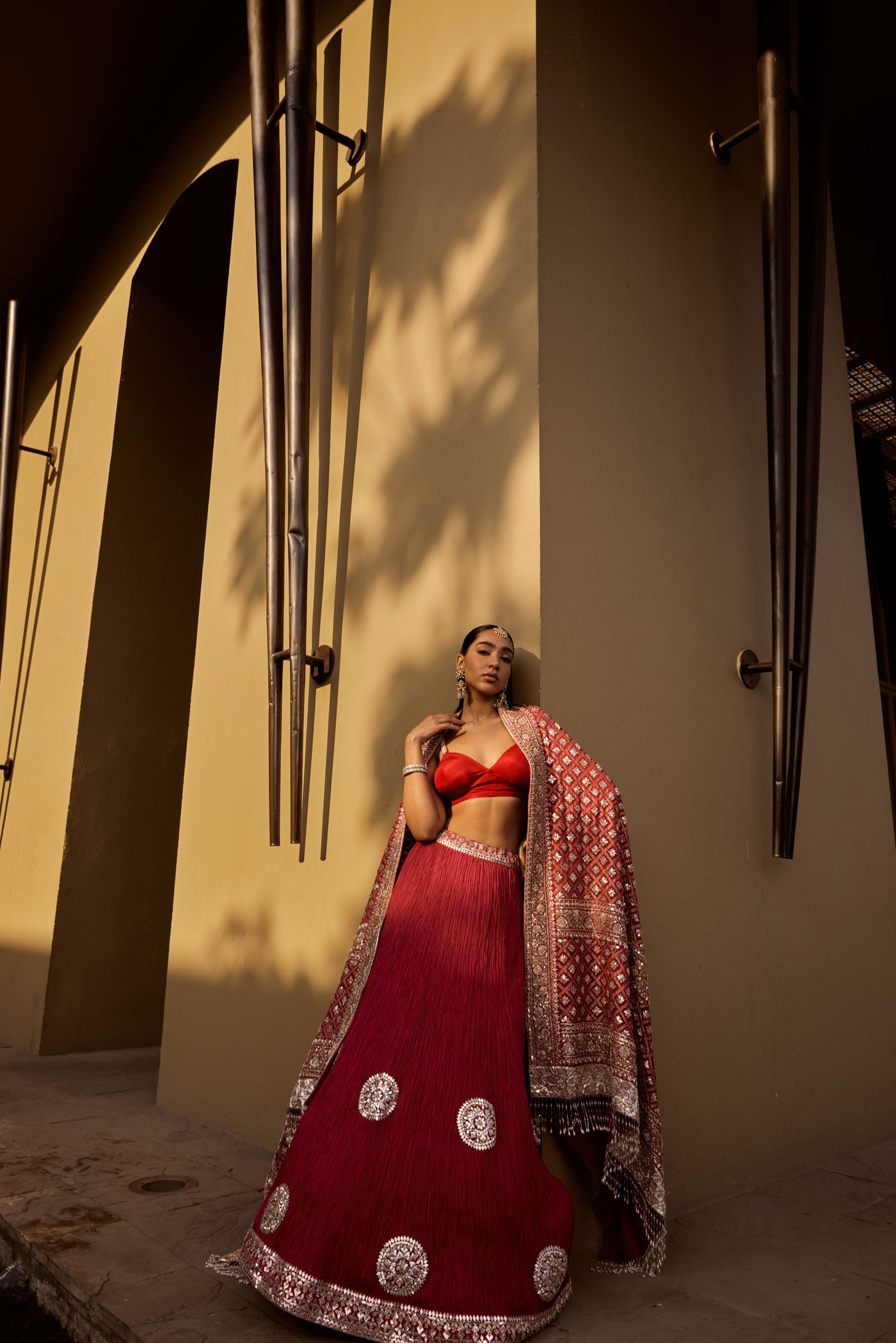 Red Silk Crushed Lehenga Set