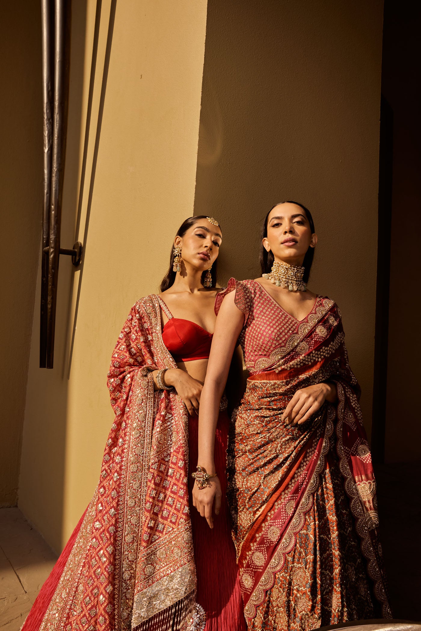 Red Silk Crushed Lehenga Set