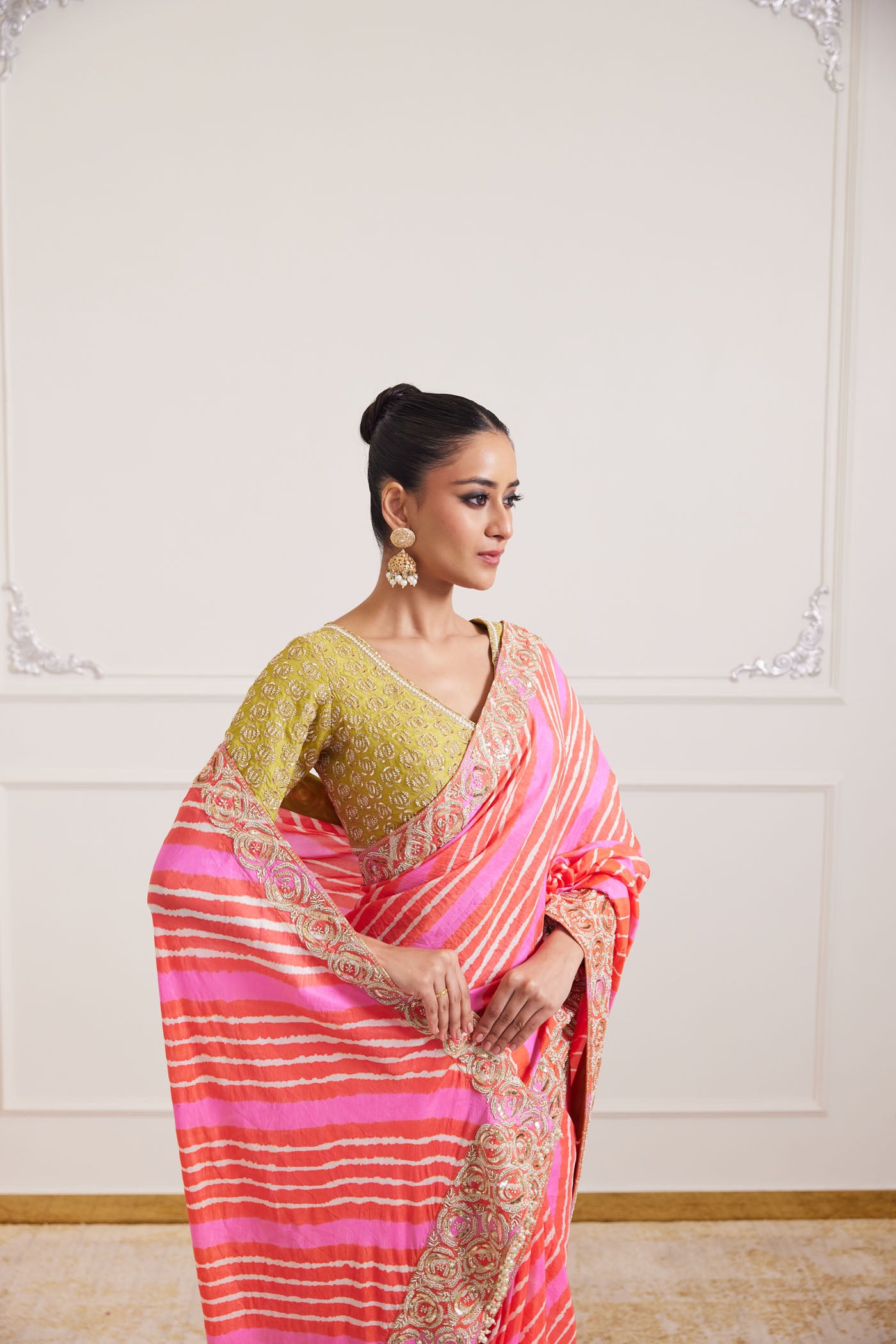 orange pink leheriya saree