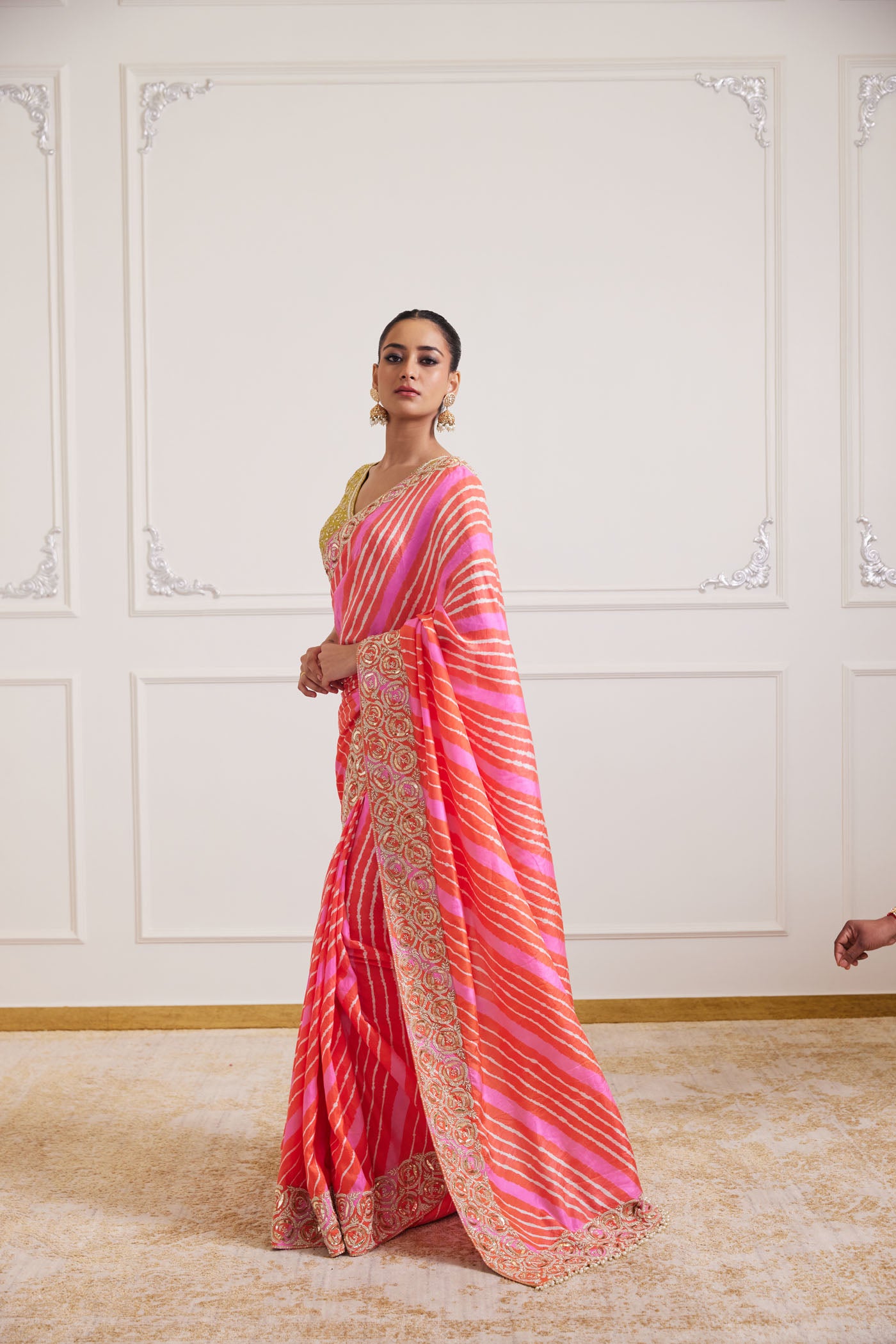 orange pink leheriya saree