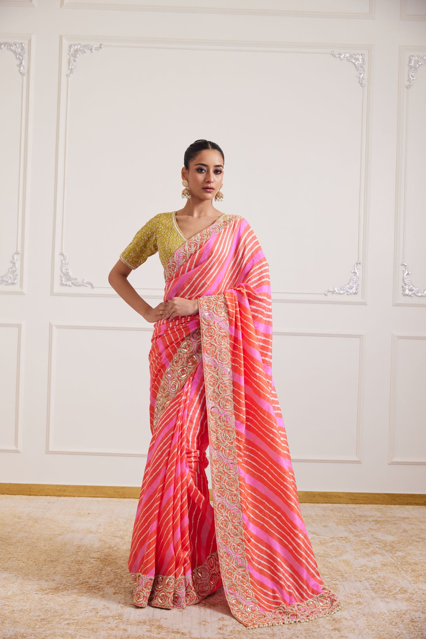 orange pink leheriya saree