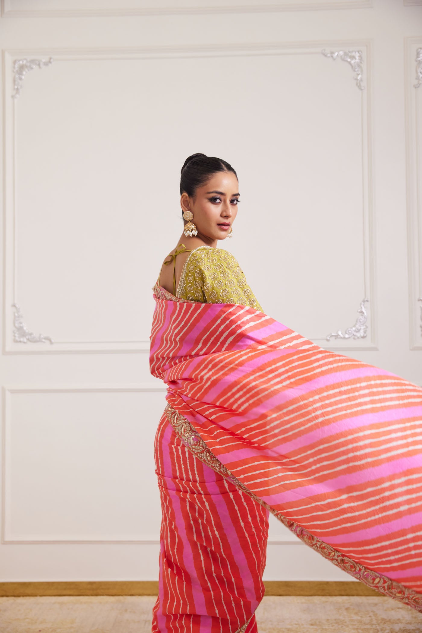 orange pink leheriya saree