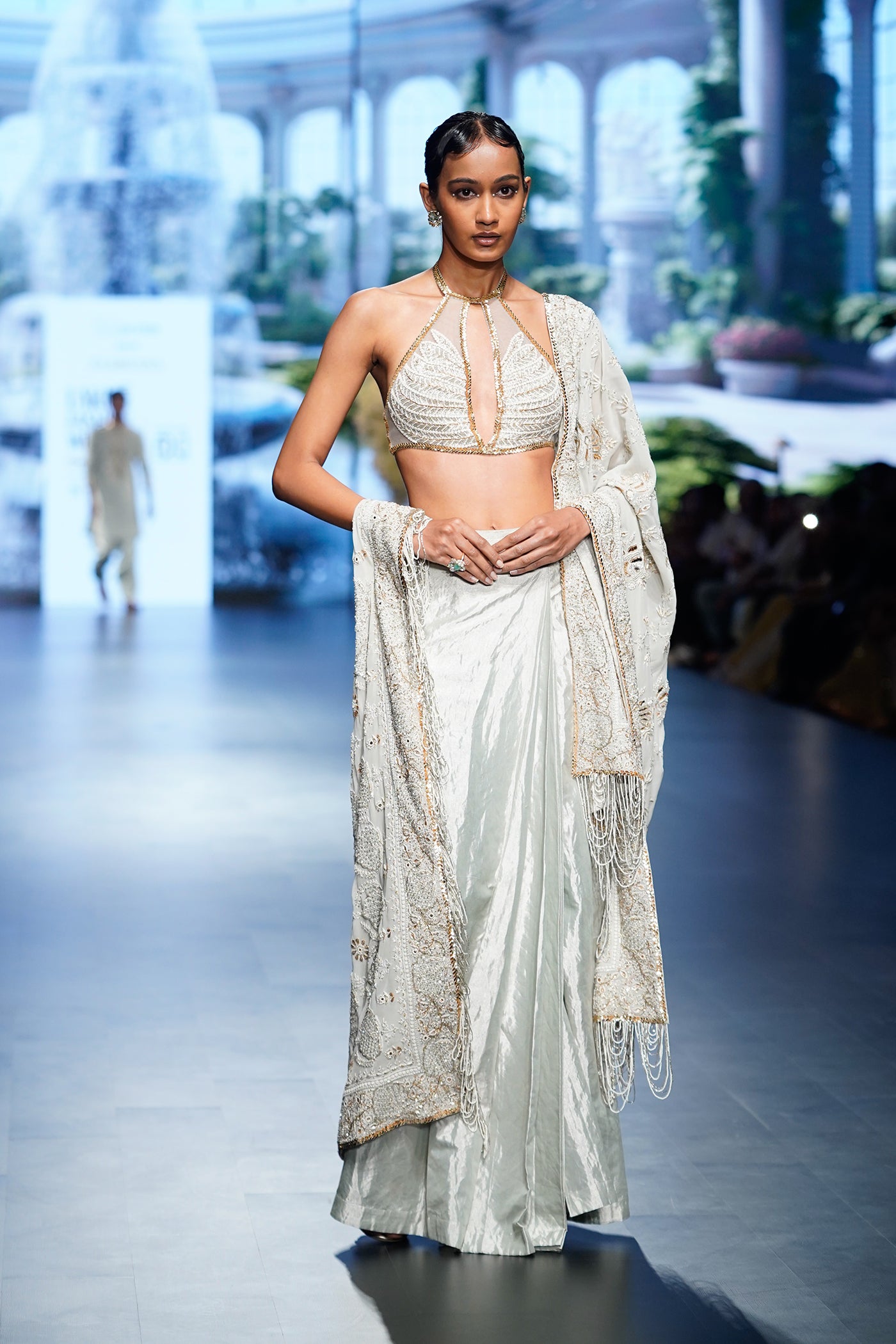 Pale blue Embellished Draped Saree Set