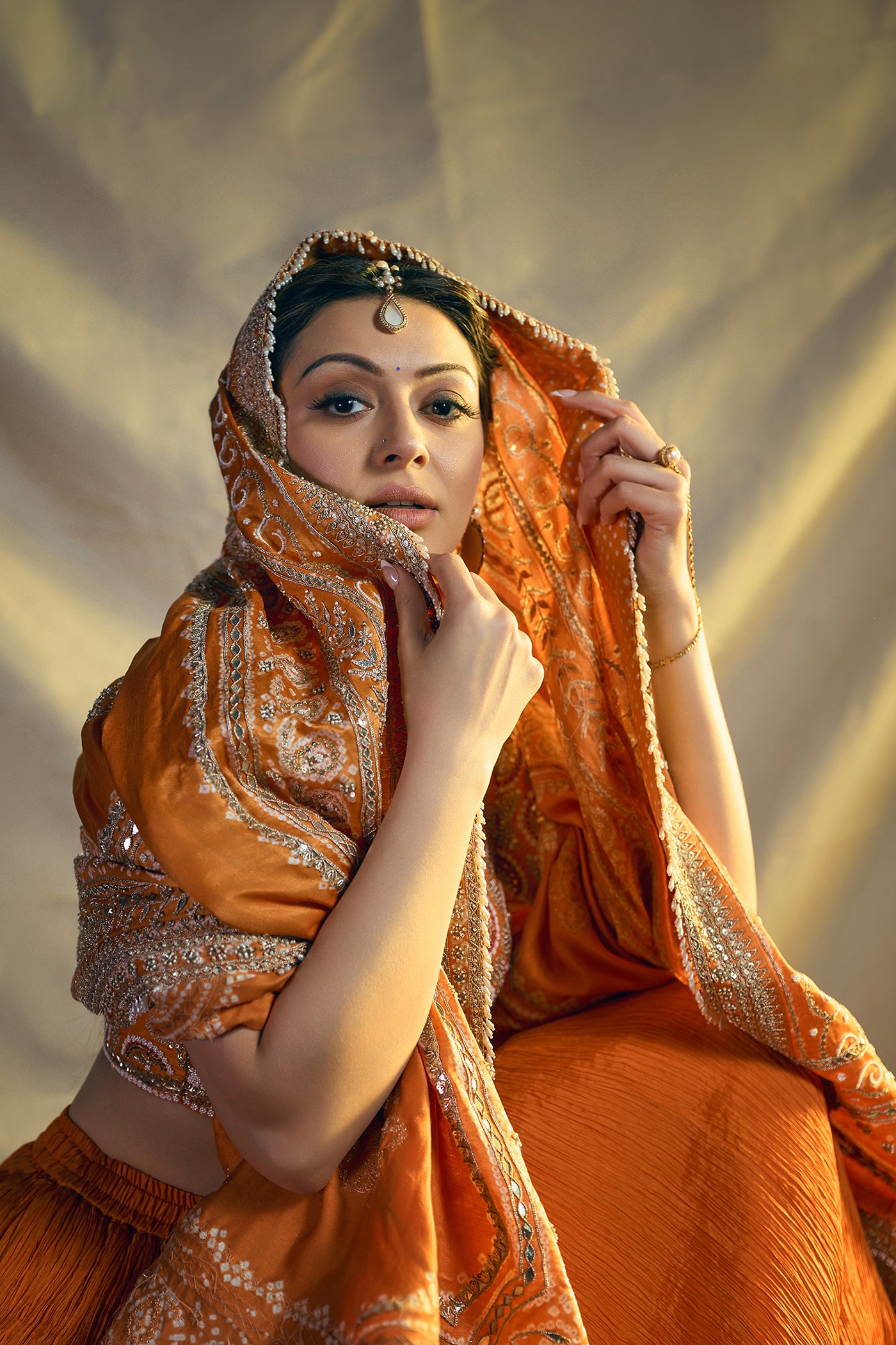 BURNT ORANGE CRUSHED SILK LEHENGA SET