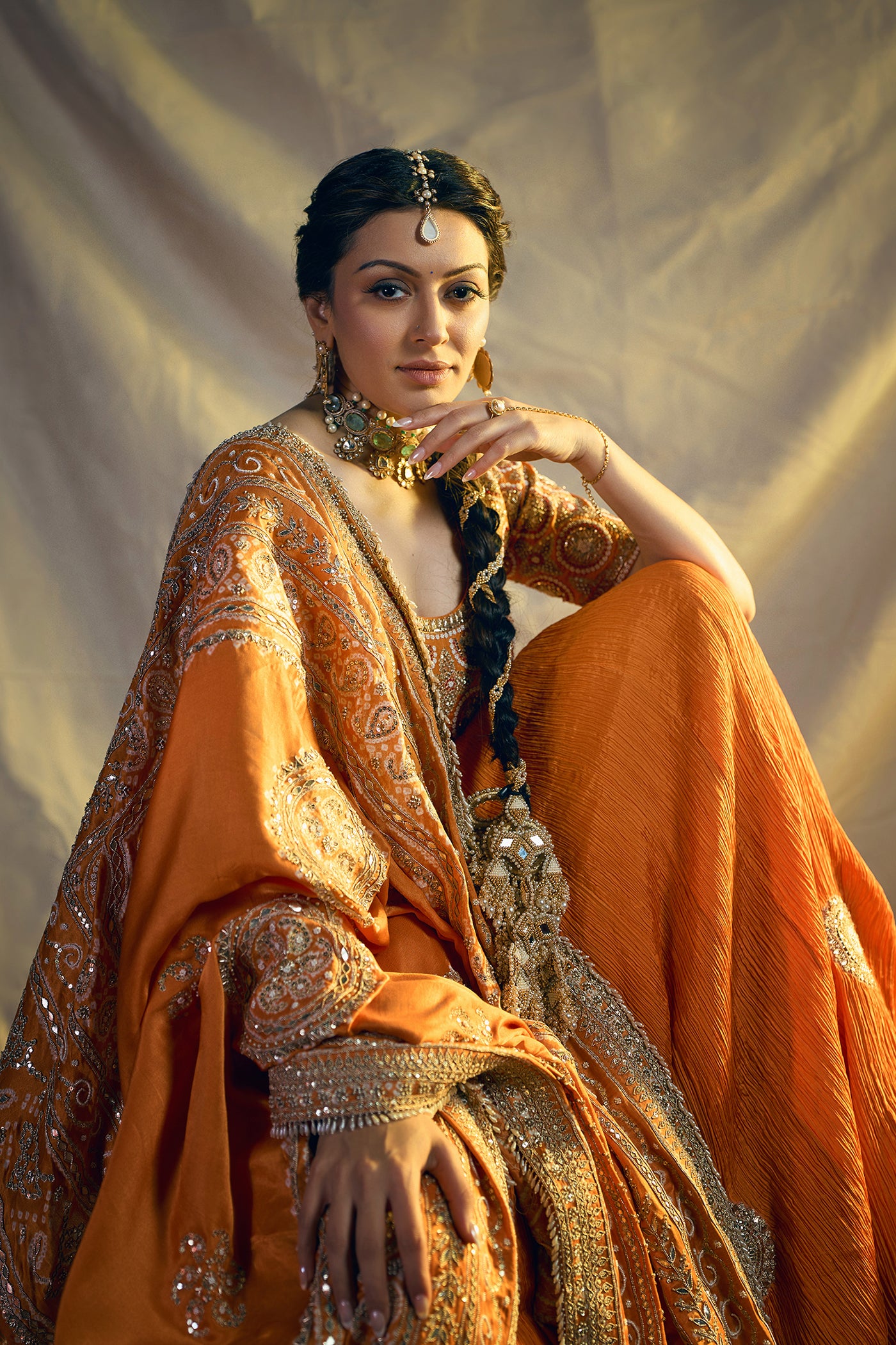 BURNT ORANGE CRUSHED SILK LEHENGA SET
