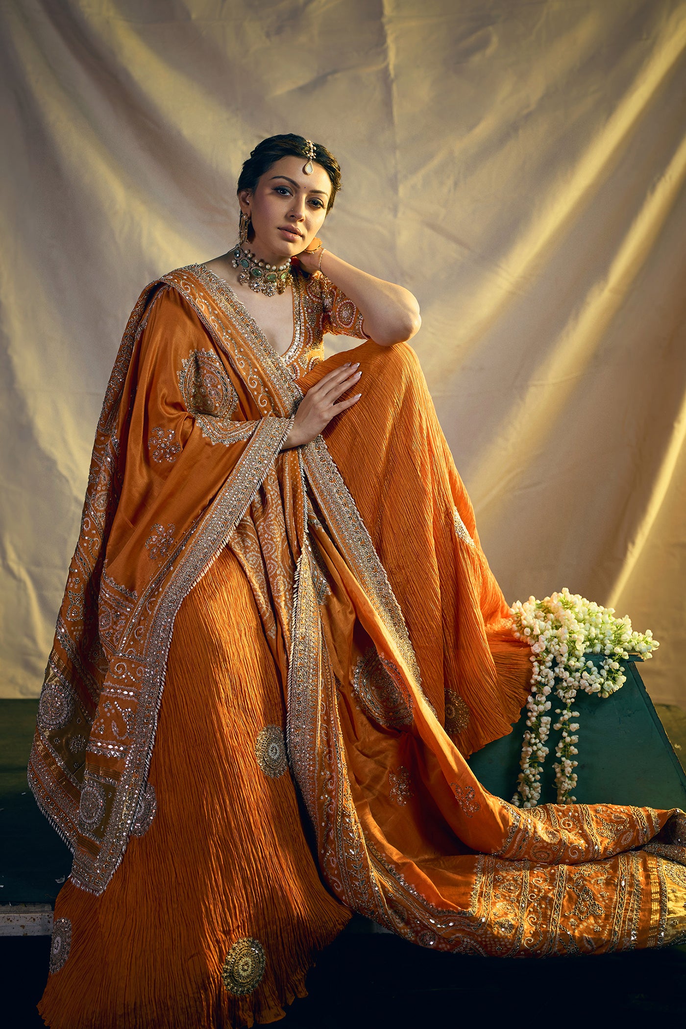 BURNT ORANGE CRUSHED SILK LEHENGA SET