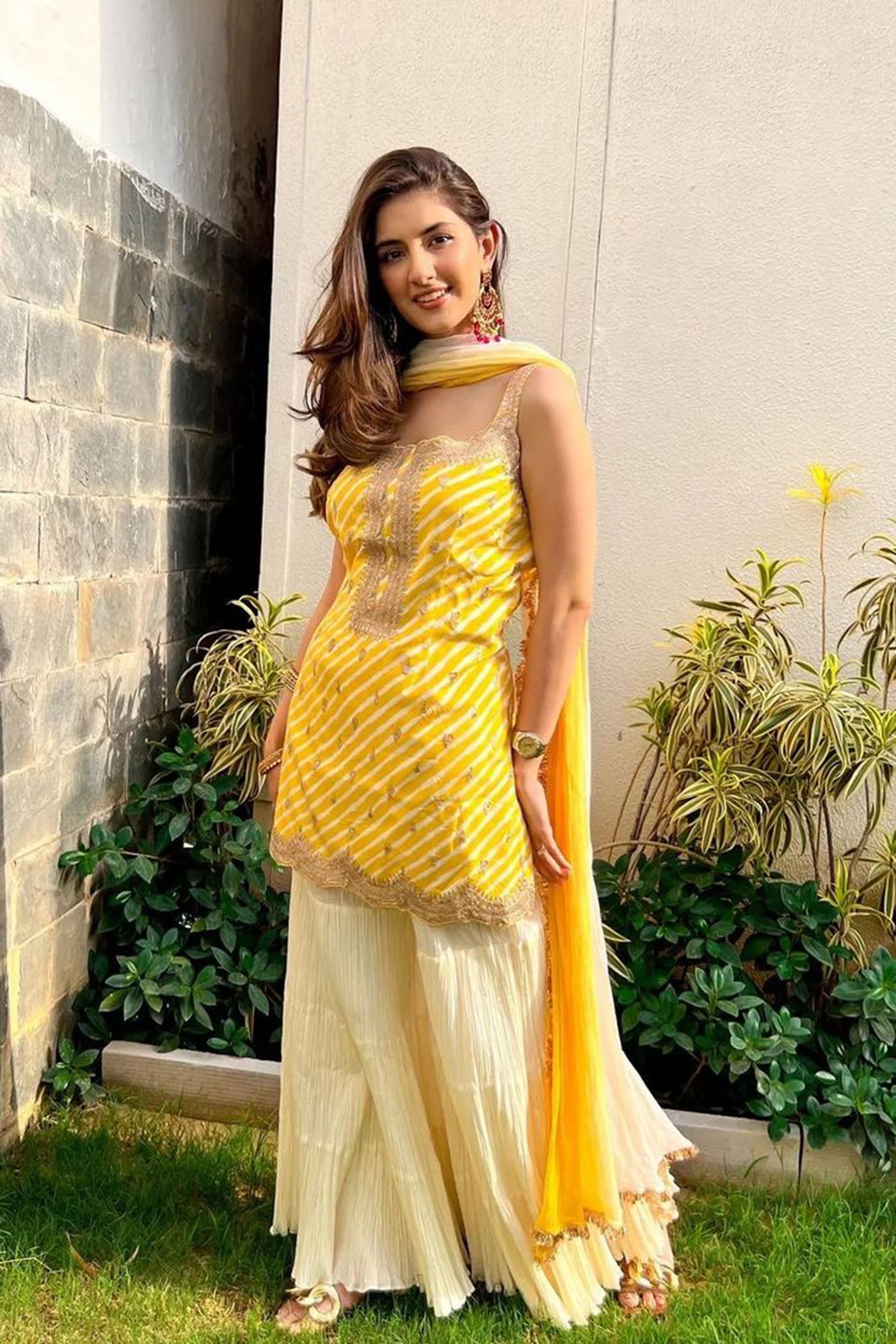 Yellow Leheriya Kurta With Ivory Sharara