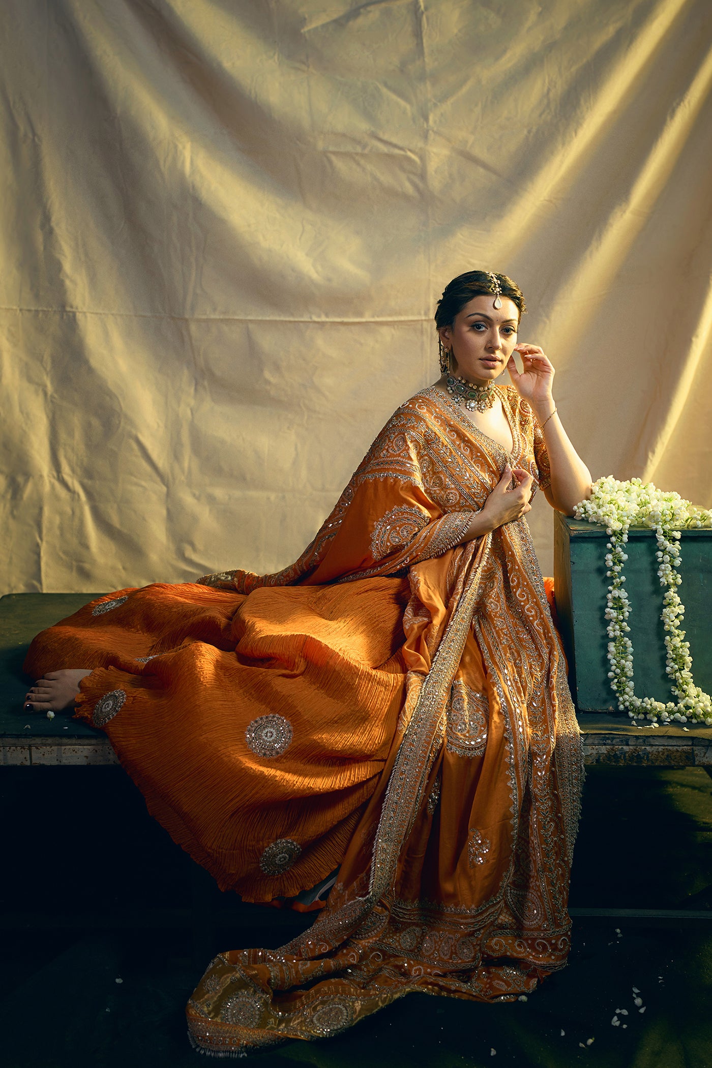 BURNT ORANGE CRUSHED SILK LEHENGA SET