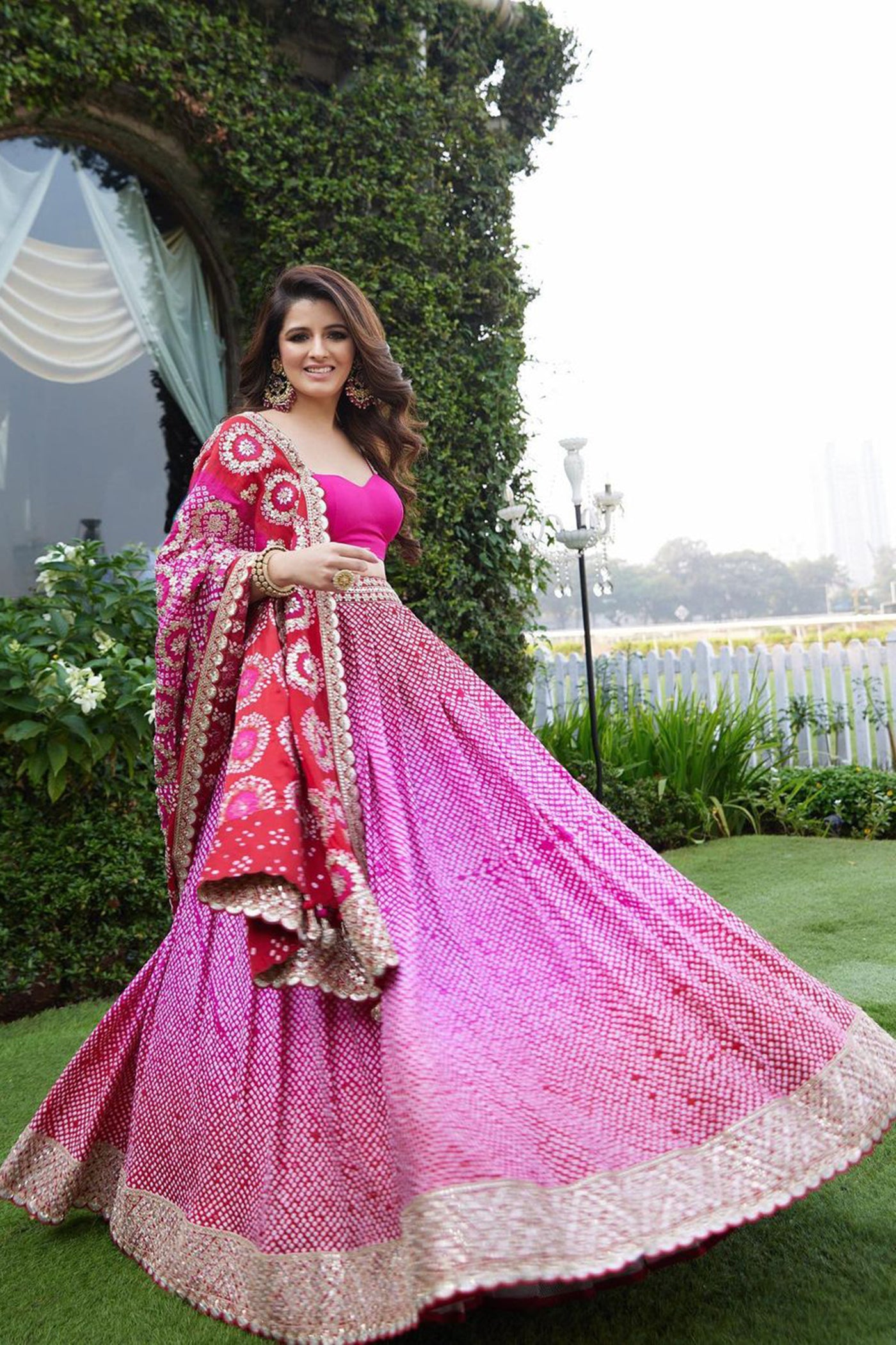 Red -Pink Bandhani Gota Embroidered Lehenga Set