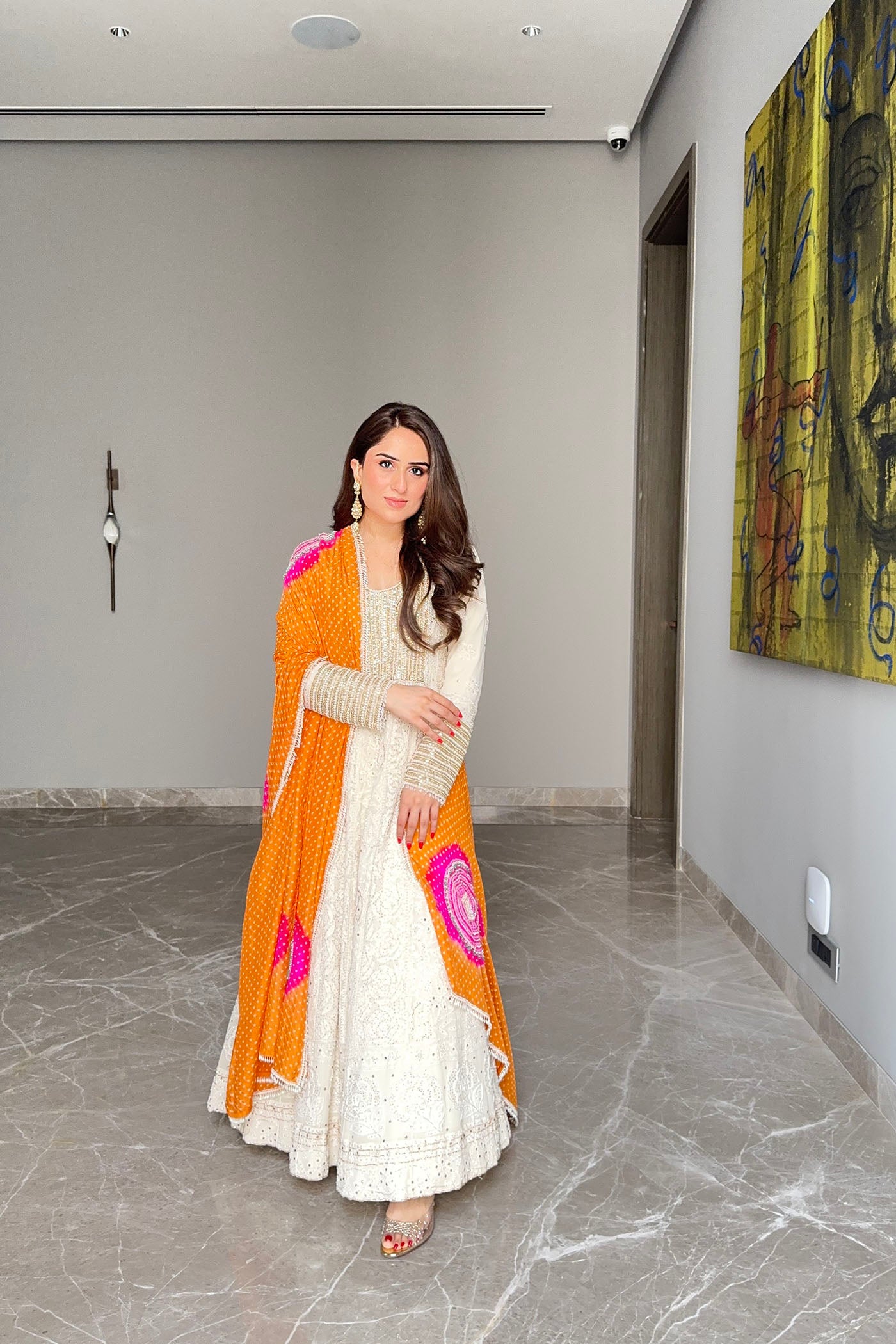 Ivory Chikankari Mukaish Anarkali Set With Orange Bandhani Dupatta