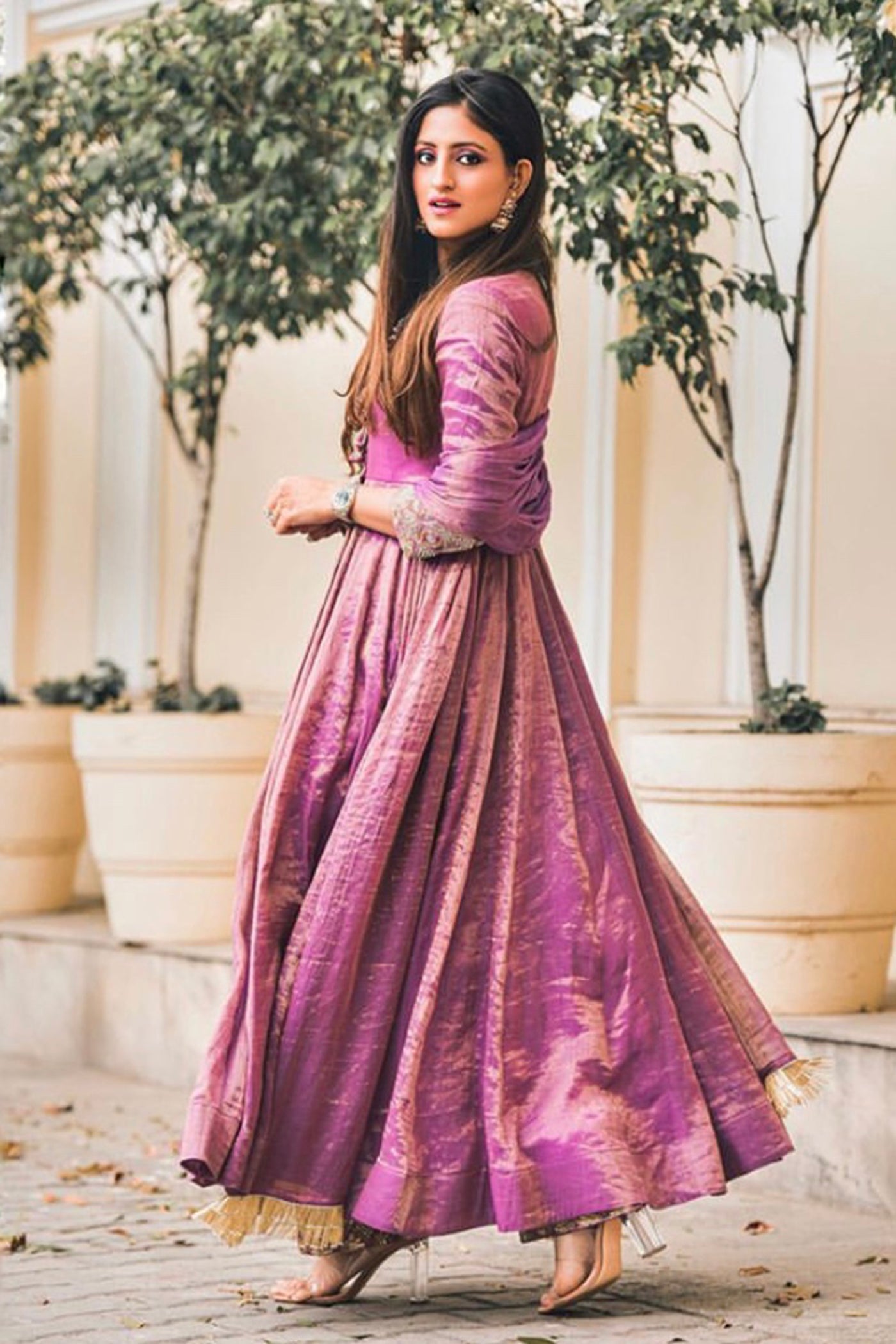 Purple tissue chanderi Anarkali Set