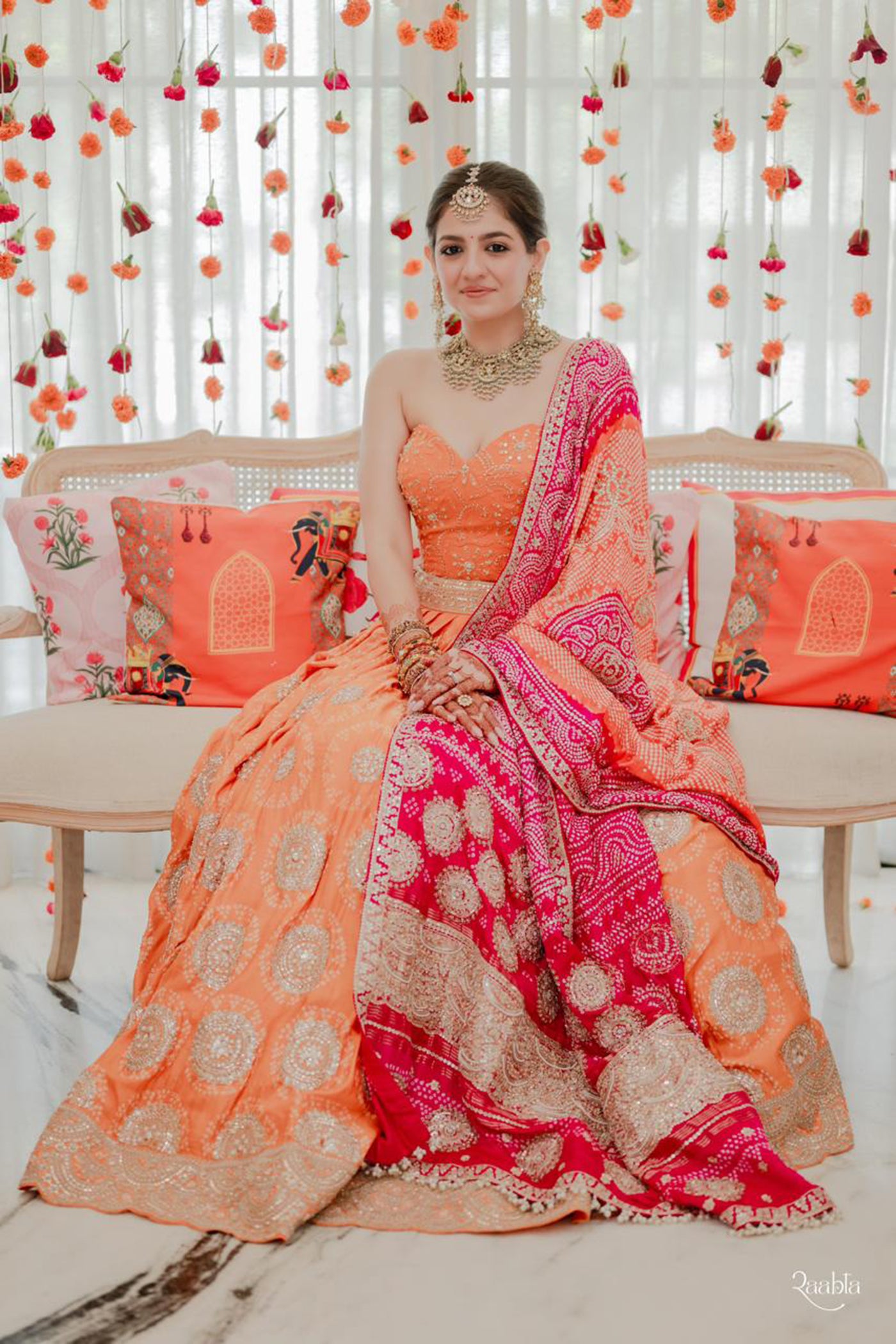 Orange Circle Bandhani Butta Work Gajji Silk Lehenga Set