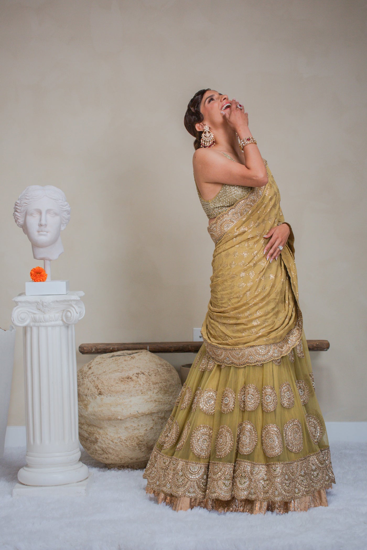 Green Crushed Net Lehenga Saree Set