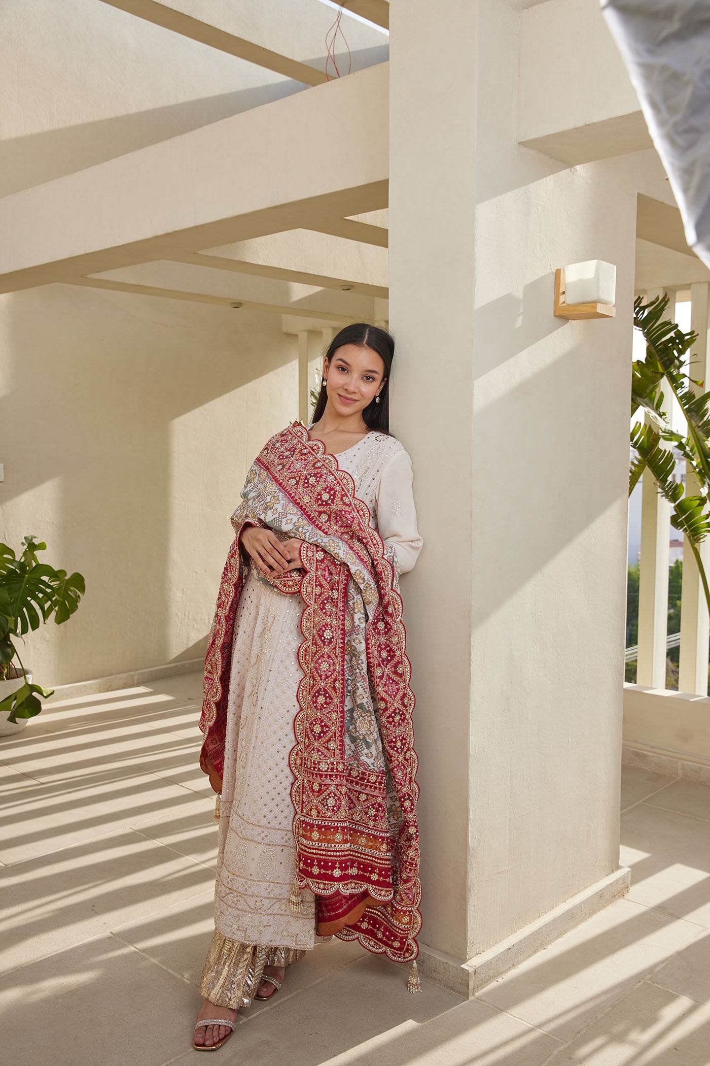 Ivory chikankari anarkali set with patola dupatta