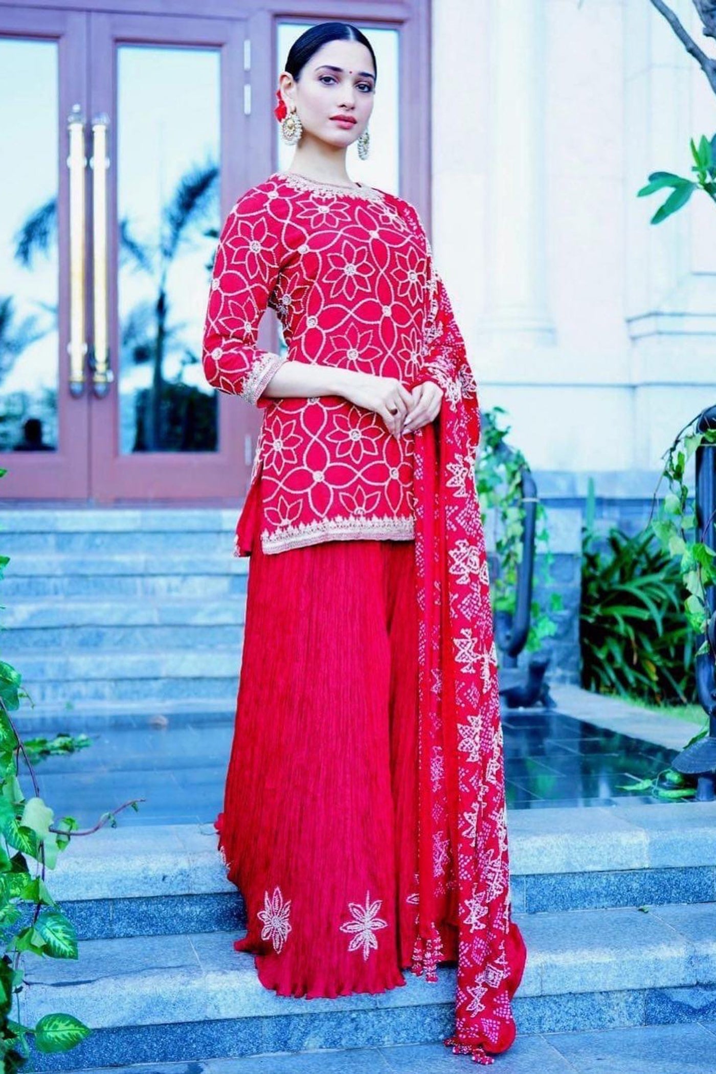Red Silk Crushed Sharara Set
