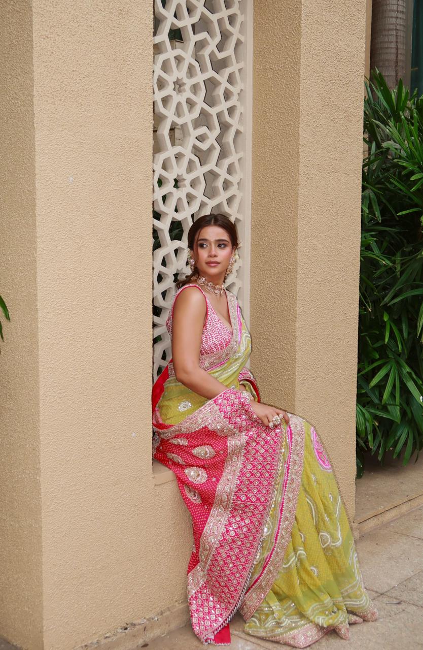 RIYA BHANSALI IN GREEN & PINK GEORGETTE SAREE SET