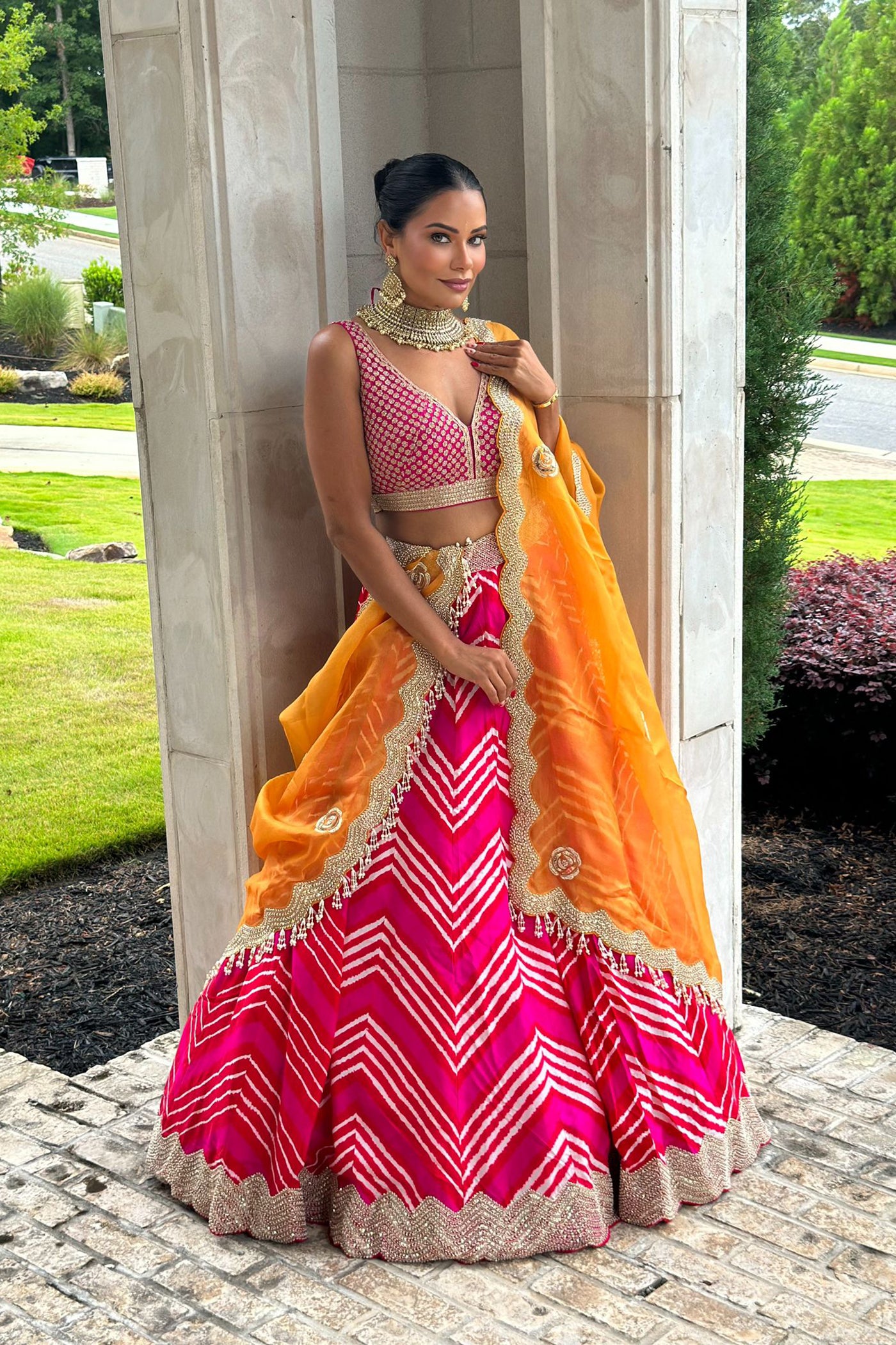Leheriya Lehenga With Orange Organza Dupatta Set