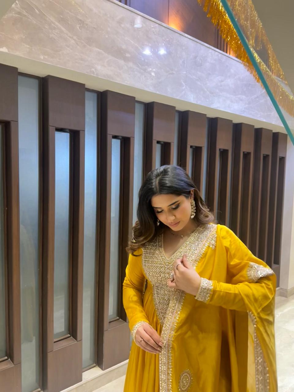 ASNA OBEROI In Yellow chanderi silk anarkali set
