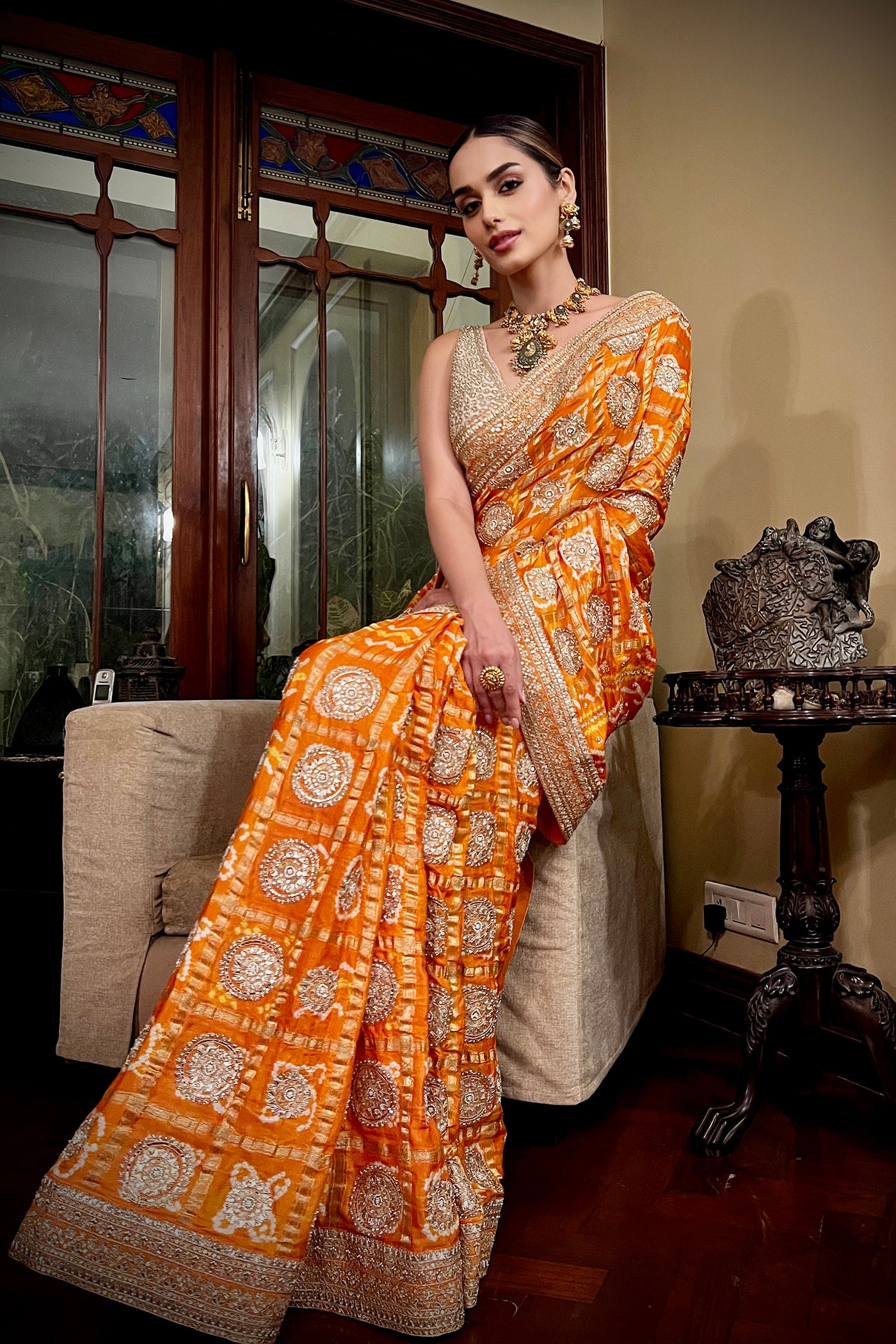 Orange Gharchola Embroidered Saree Set