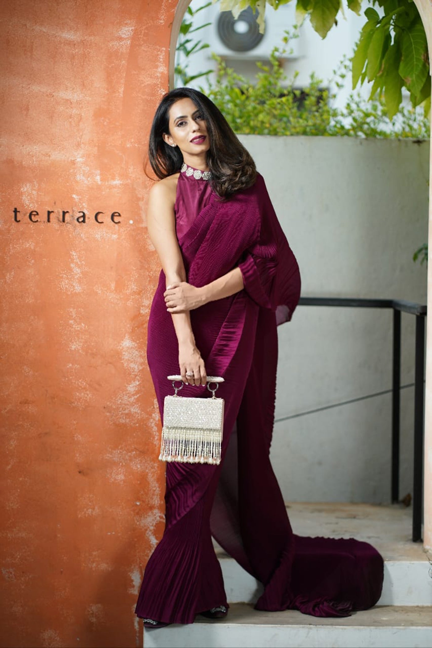 Wine Pleated Pre-Stitched Saree