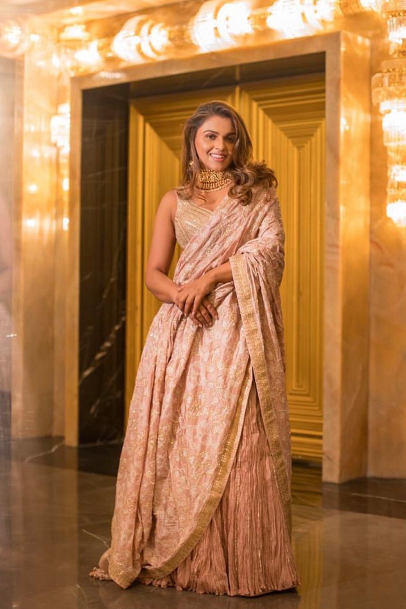 Onion Pink Crushed Silk Lehenga Set