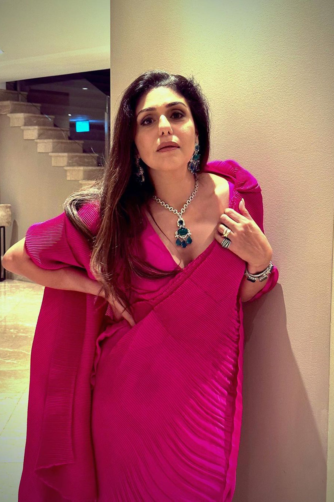 Pink Pleated Italian Silk Pre-Stitched Saree