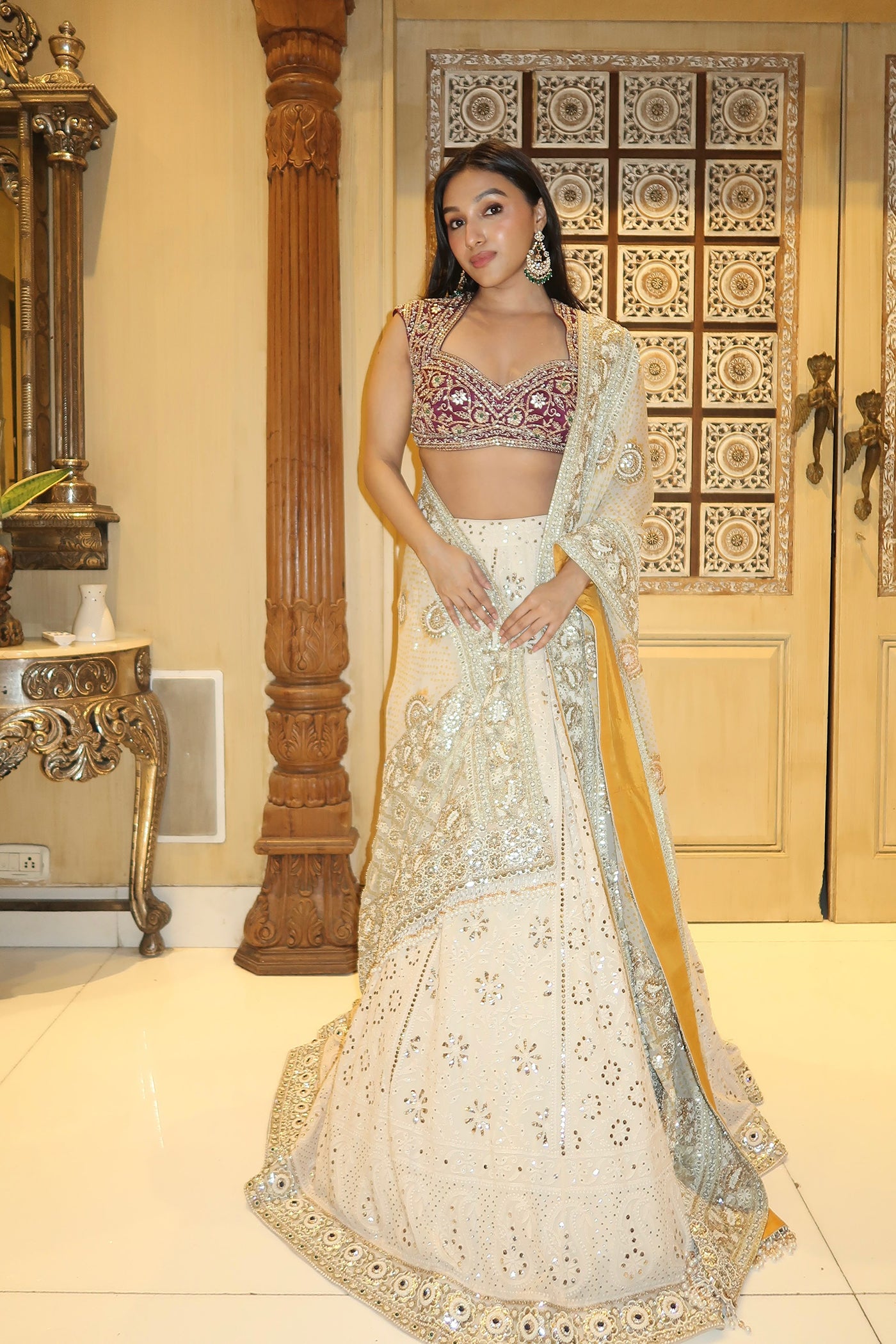 TANISHA IN Ivory Chikankari Lehenga with Ivory Bandhani Dupatta