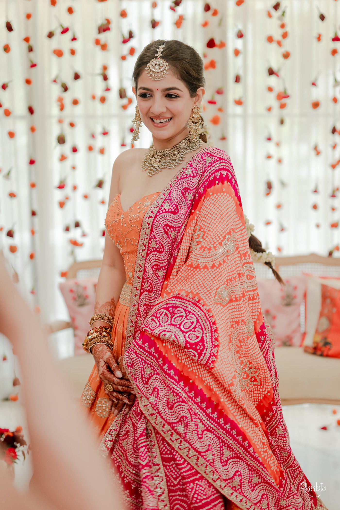 Orange Circle Bandhani Butta Work Gajji Silk Lehenga Set