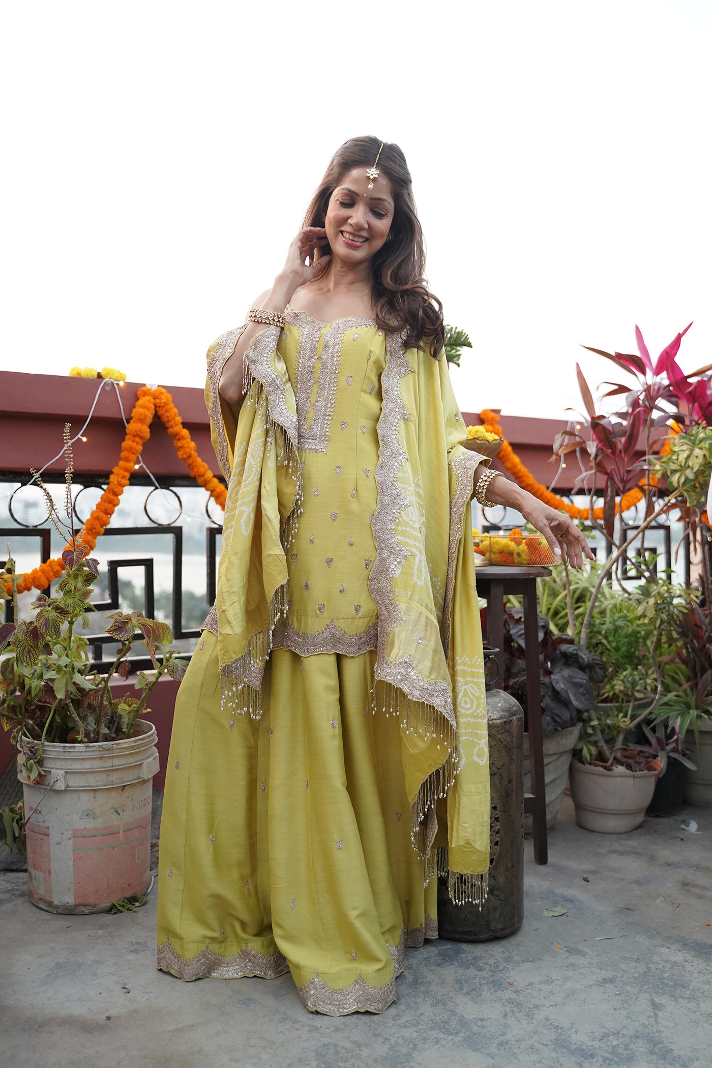 GREEN TUSER SILK MARODI GOTA WORK SHARARA SET