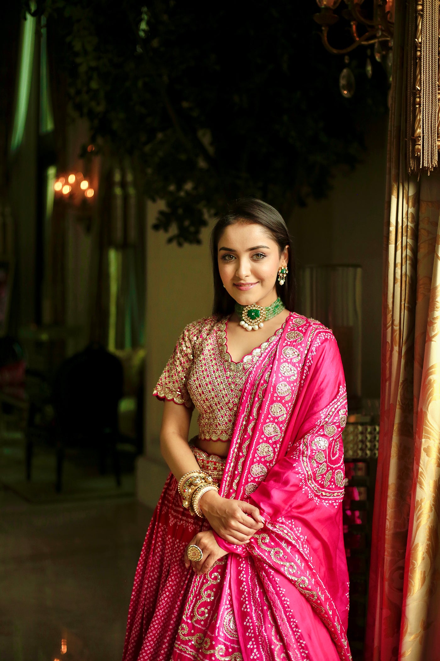 Pink Silk Embroidered Bandhni Lehenga Set