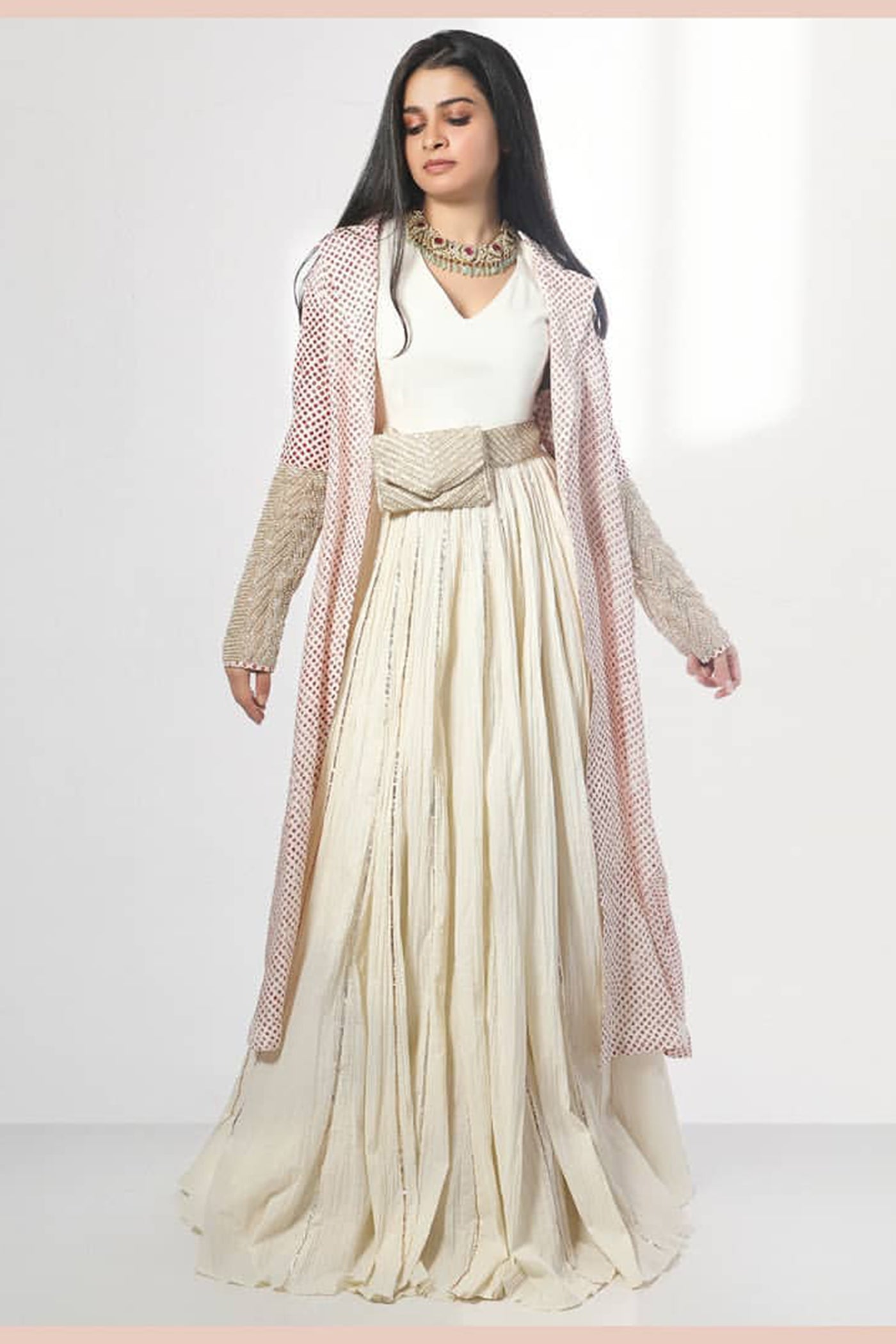 White Bandhani Jacket With Inner