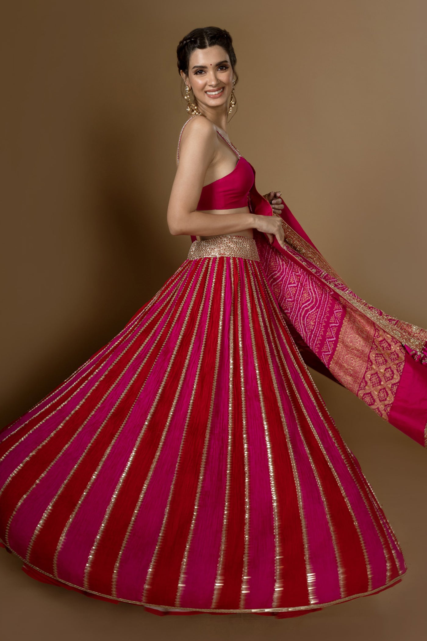 Red & Pink Crushed Lehenga Set