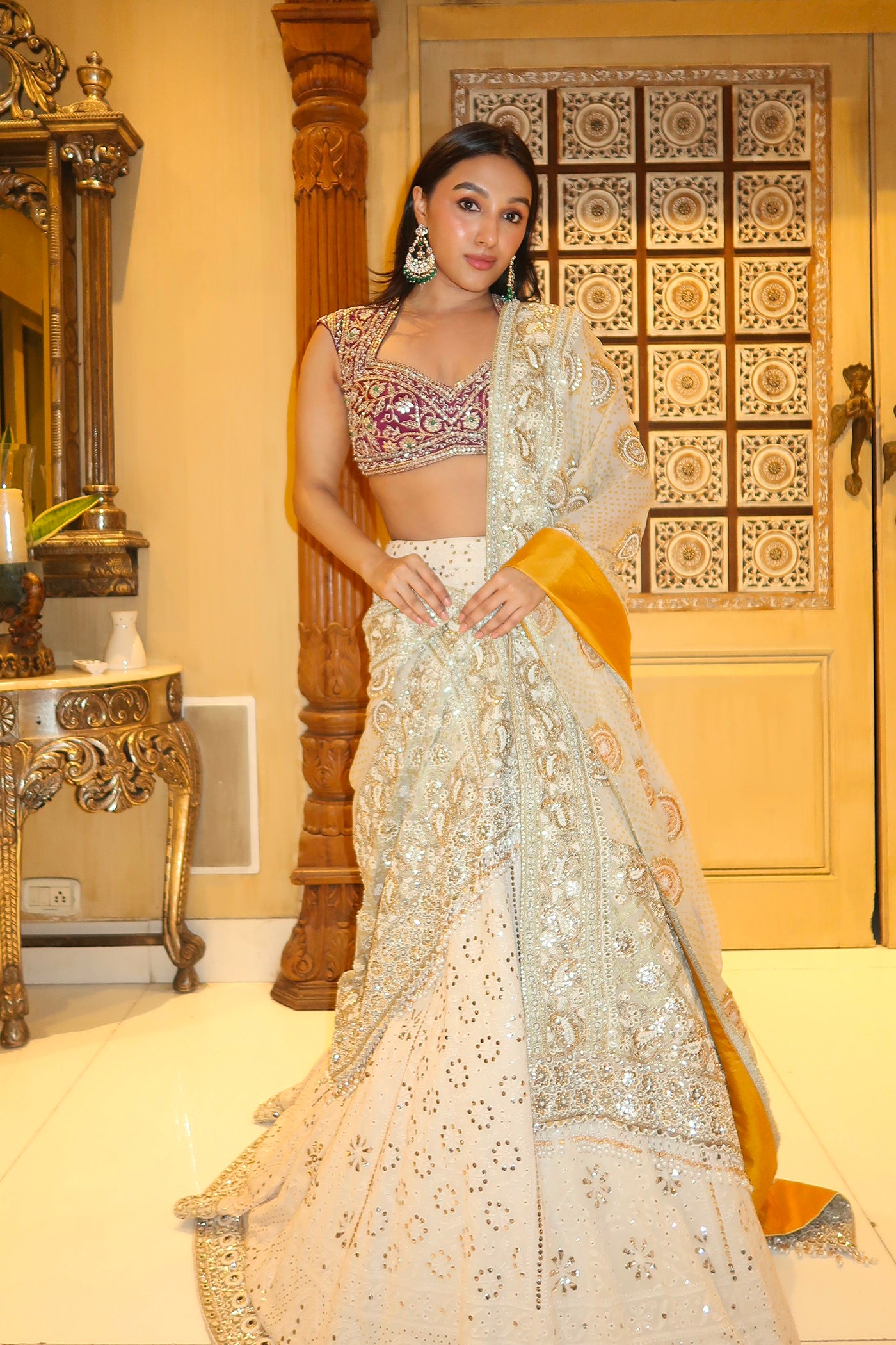 TANISHA IN Ivory Chikankari Lehenga with Ivory Bandhani Dupatta