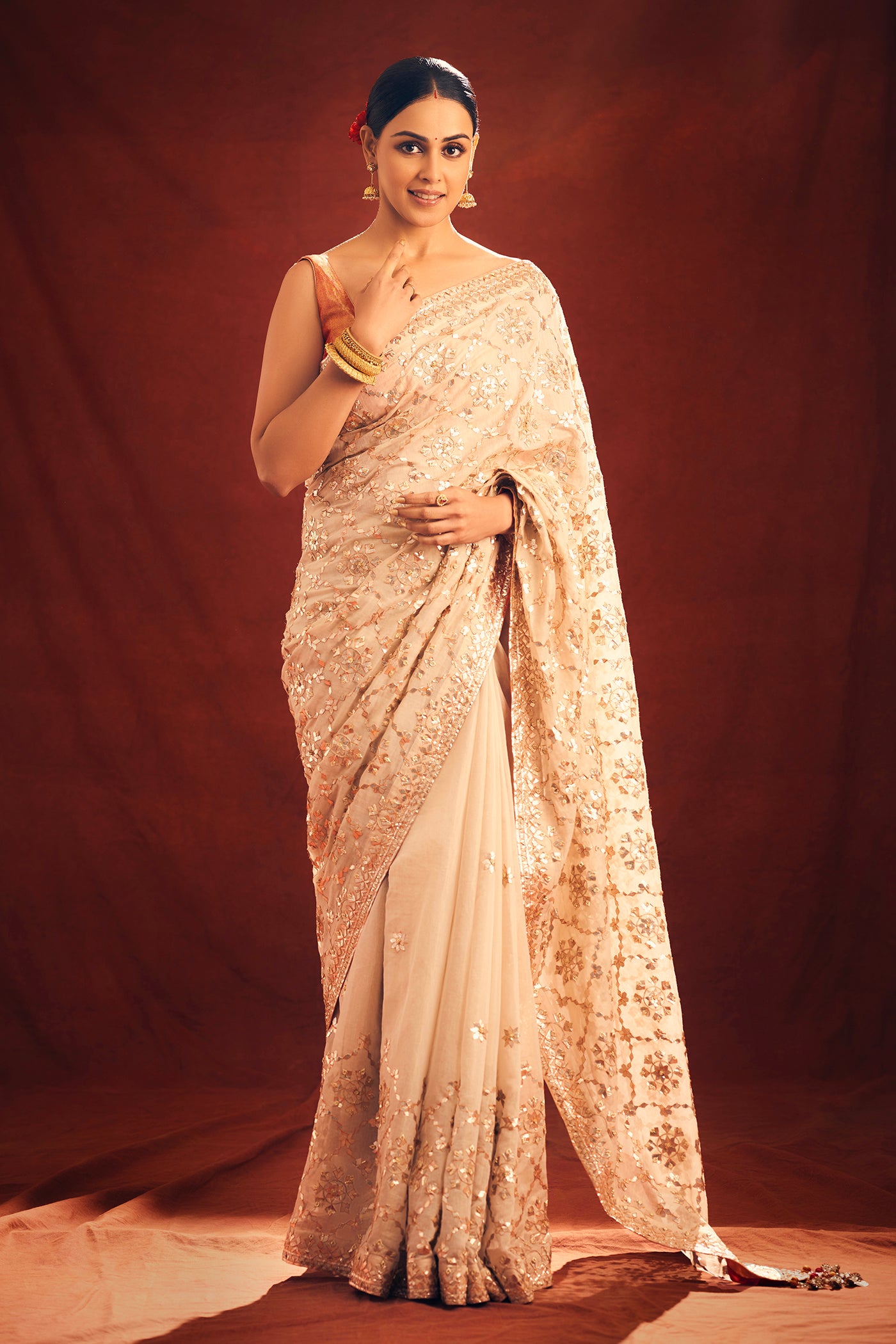 Beige Embroidered Saree Set