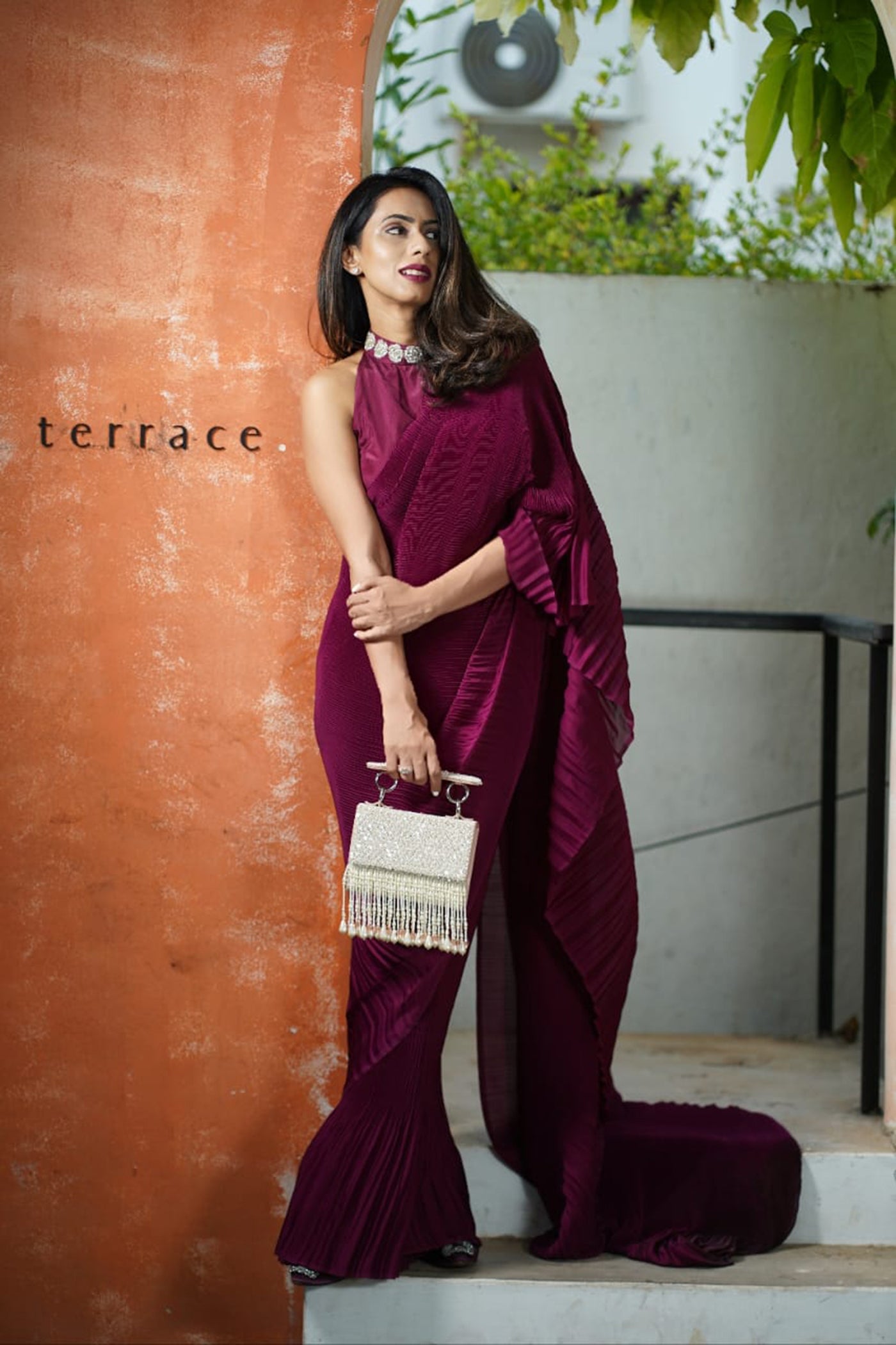 Wine Pleated Pre-Stitched Saree