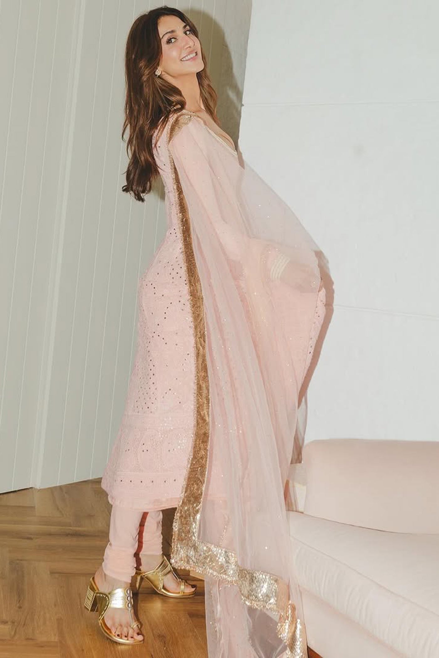 Blush Pink Chikan anarkali Set with net mukaish Dupatta