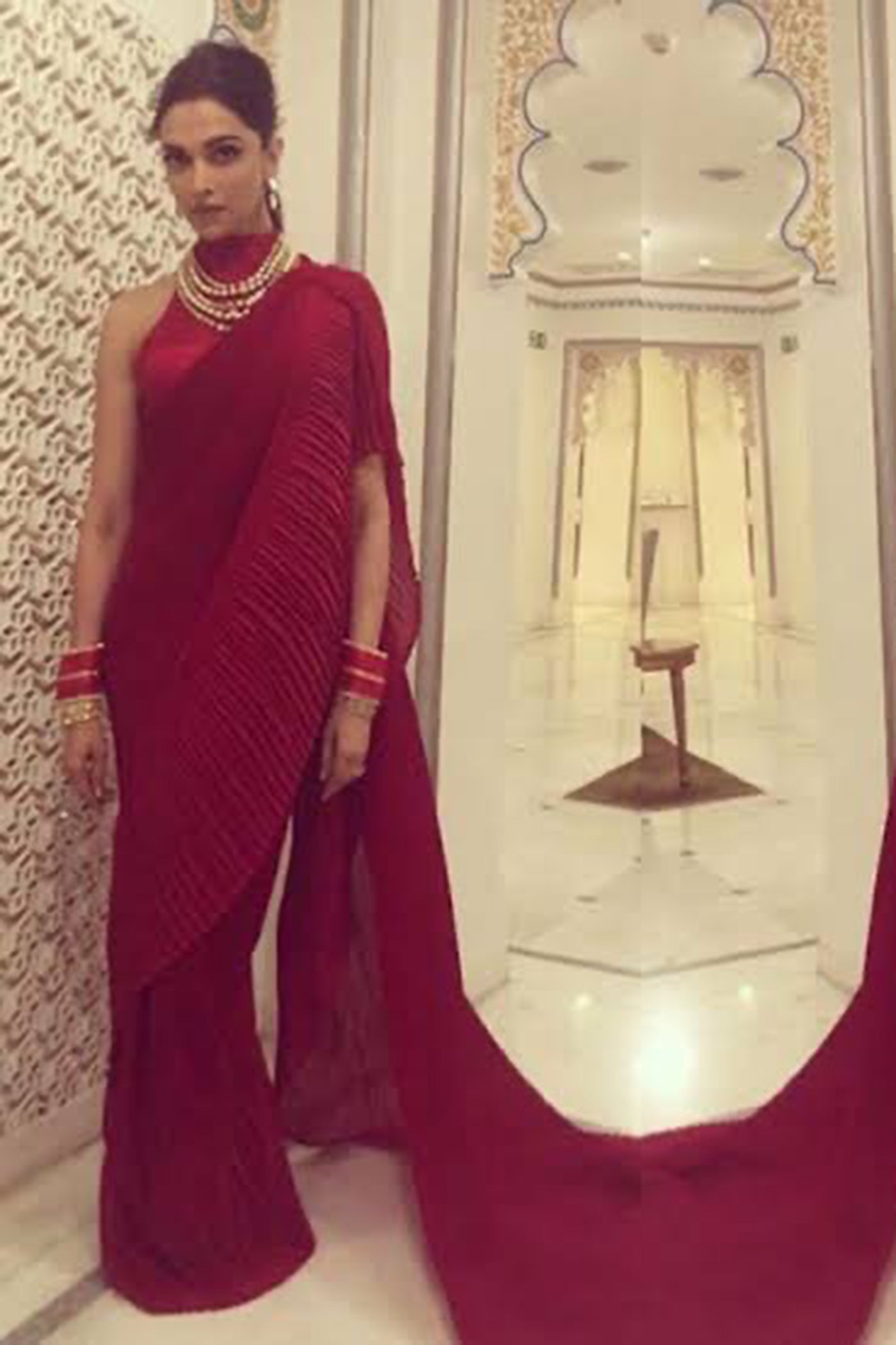 Red Pleated Italian Silk Pre-Stitched Saree