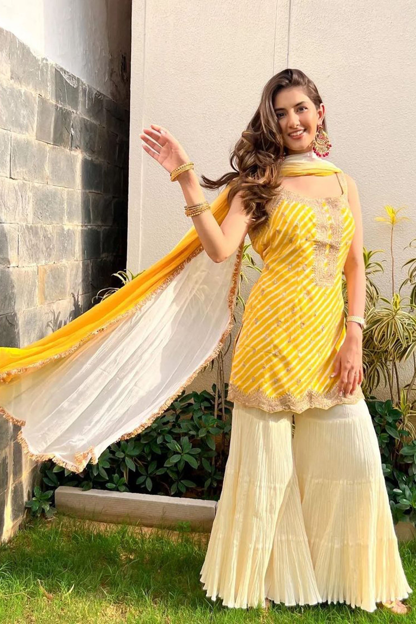 Yellow Leheriya Kurta With Ivory Sharara