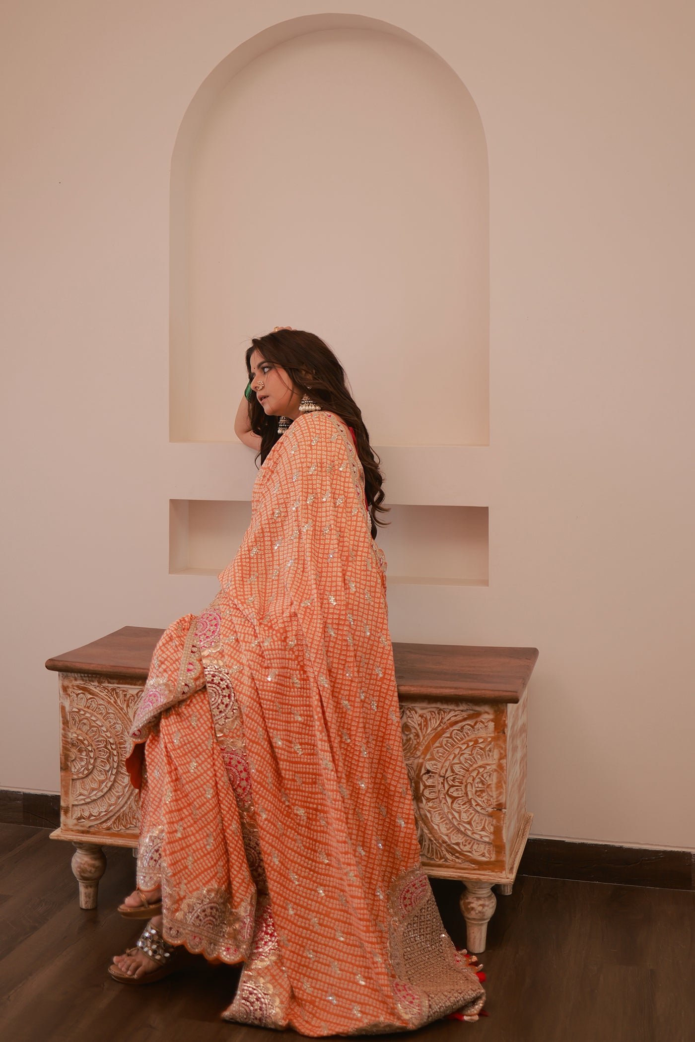 Orange Gajji Silk Bandhani Saree Set