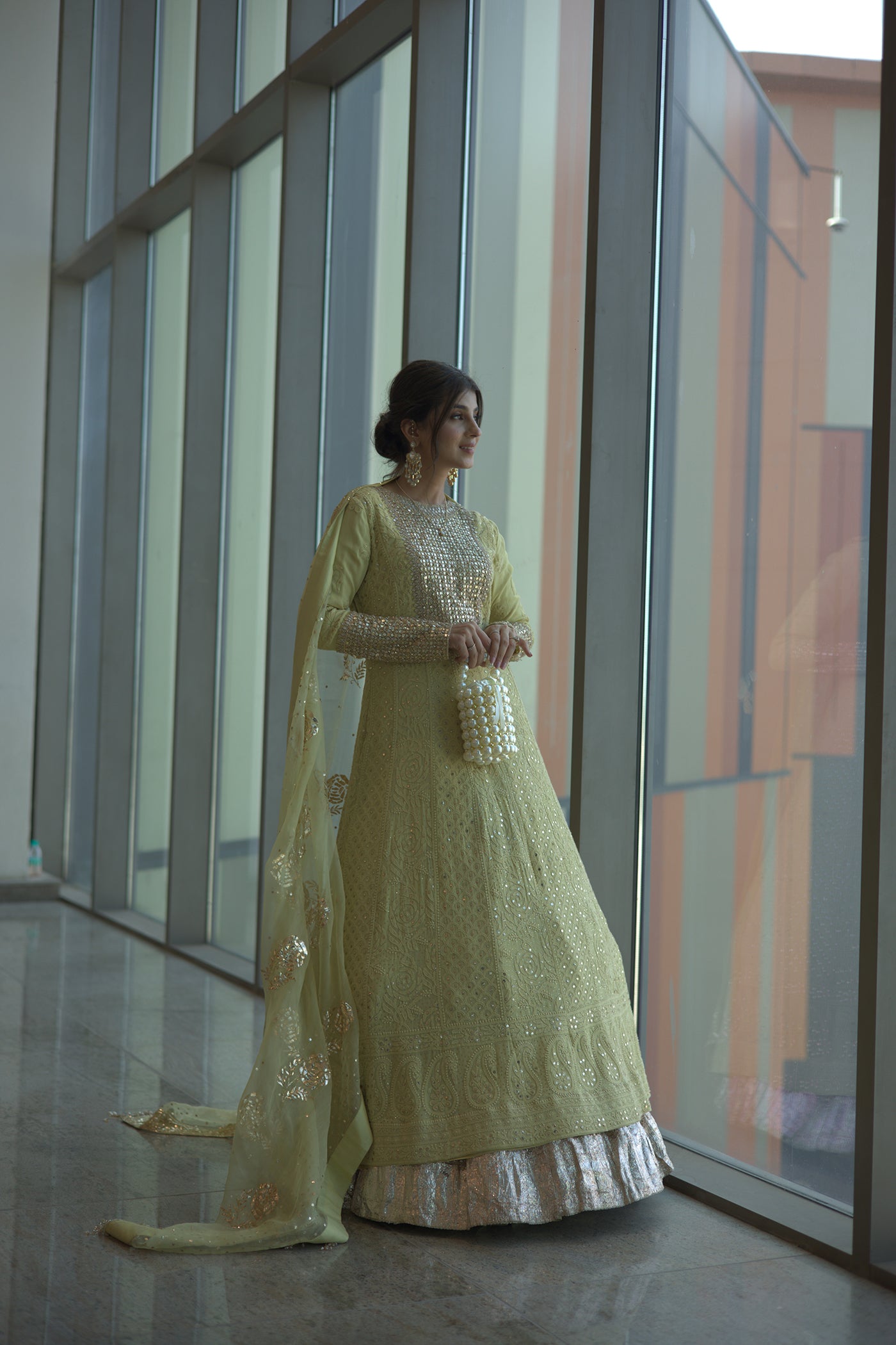 Pista Green Georgette Lucknowi Anarkali Set