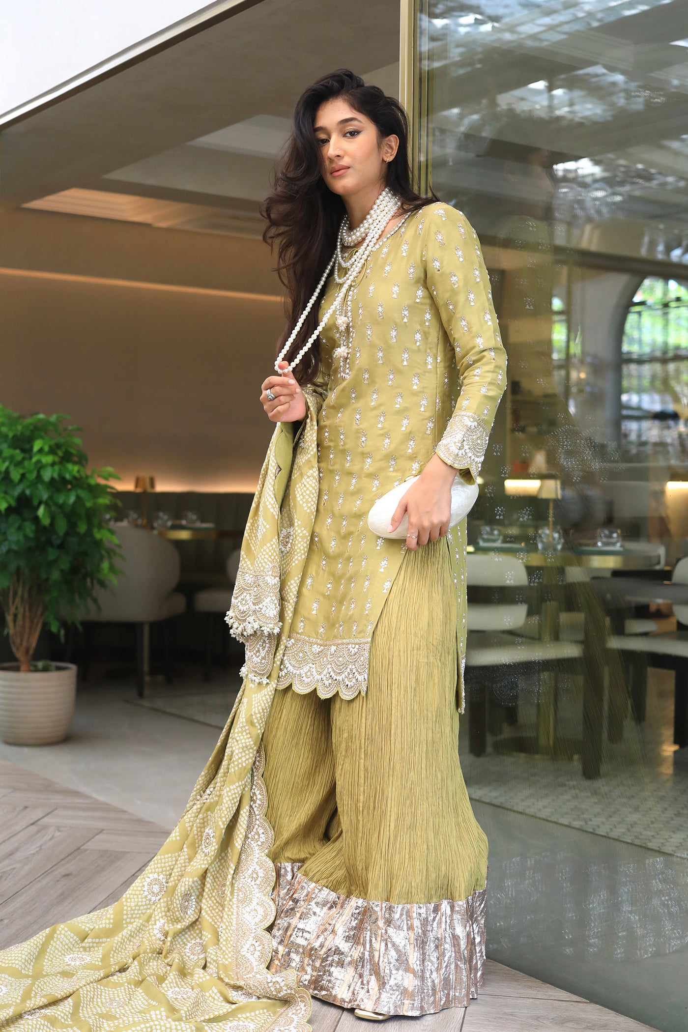 Green Dupion Silk Kurta With Crushed Lampi Border Sharara Set