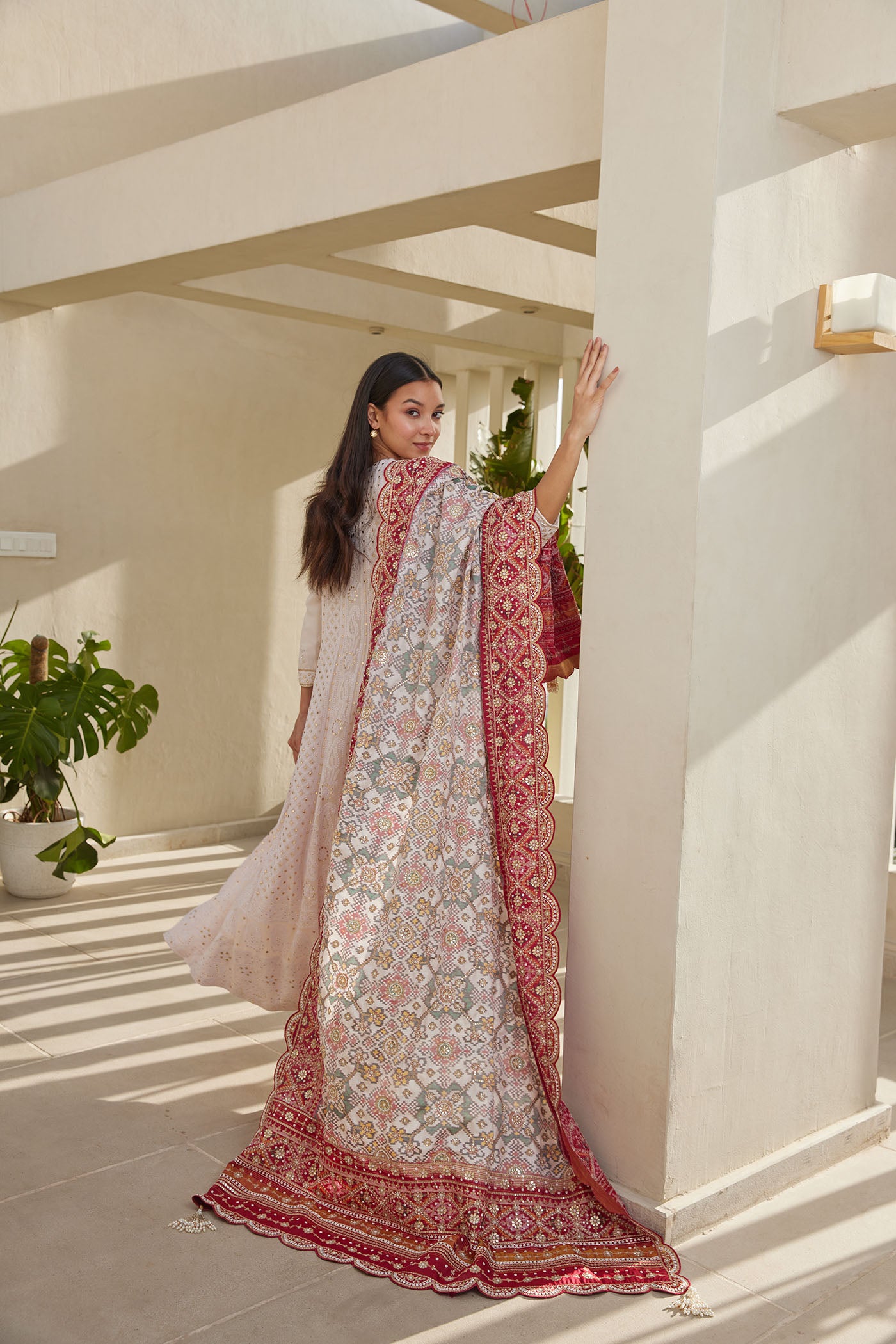 Ivory Chikankari Anarkali Set With Patola Dupatta