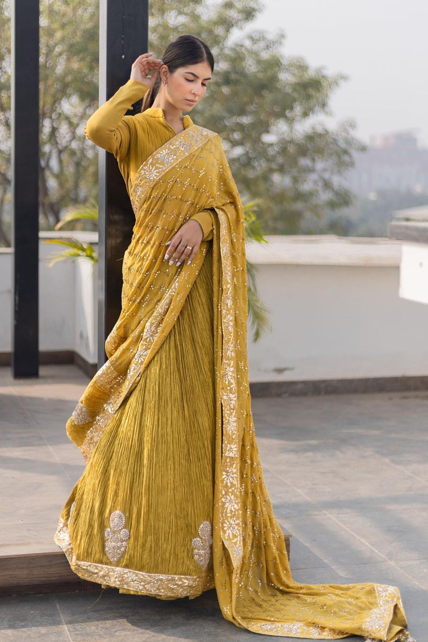 Olive Green Crushed Silk Lehenga Saree Set