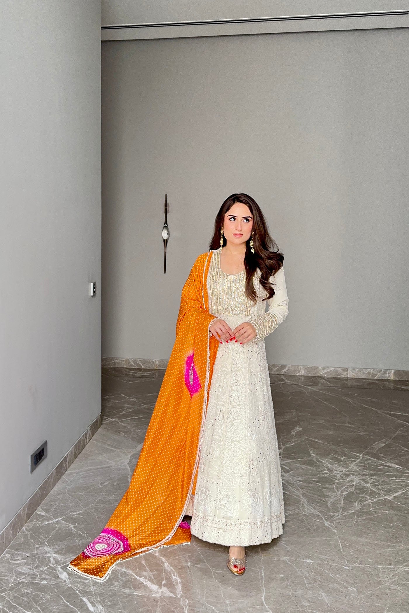 Ivory Chikankari Mukaish Anarkali Set With Orange Bandhani Dupatta