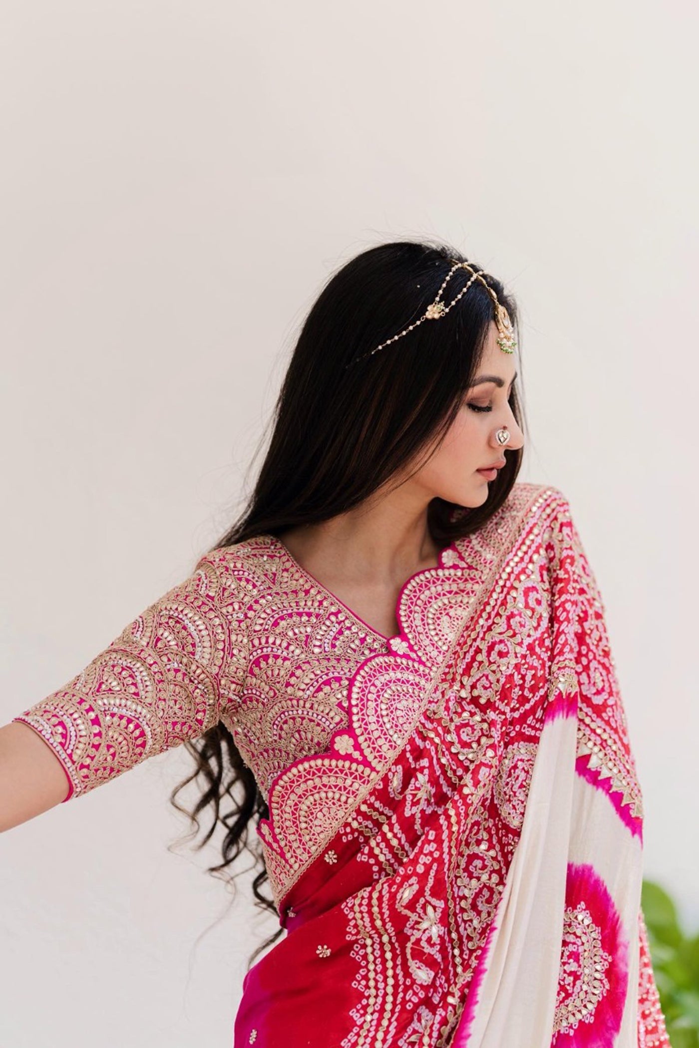 Ivory Crush Lehenga With Blouse And Ivory/Pink Bandhani Dupatta