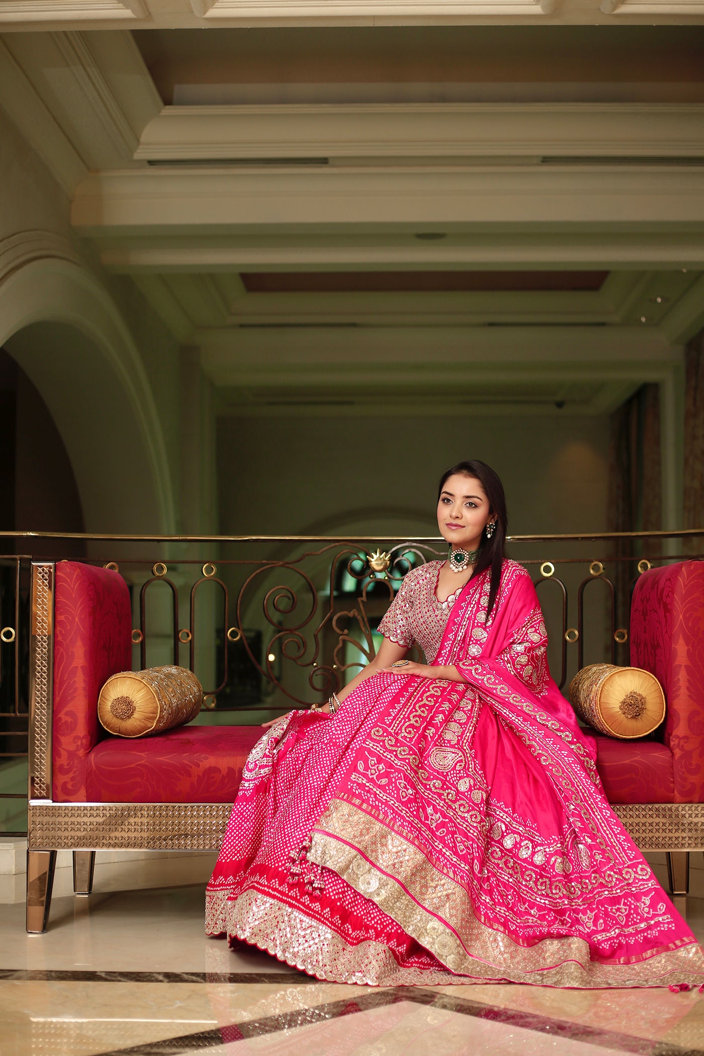 Pink Silk Embroidered Bandhni Lehenga Set